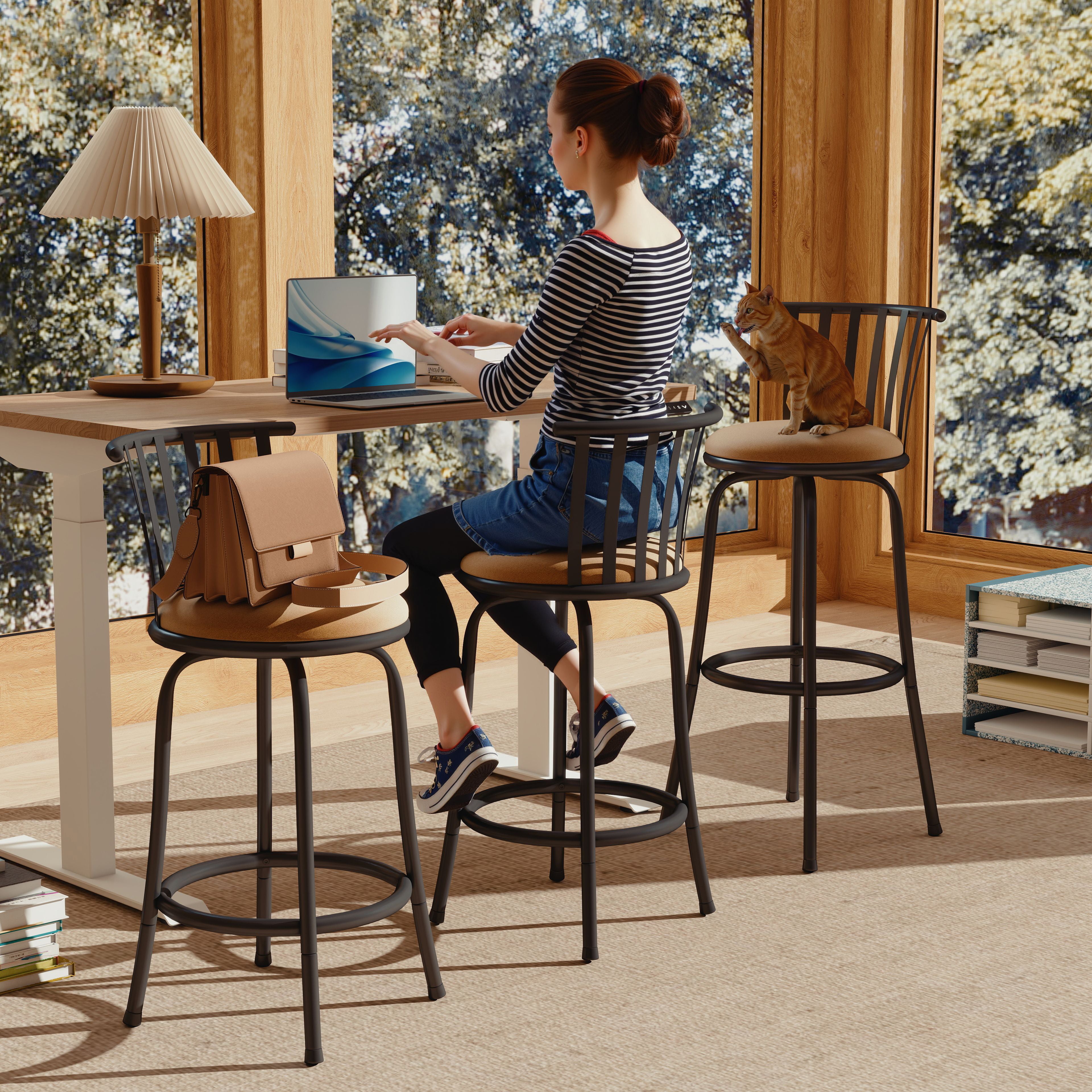 Homy Casa Pistil 6PC Bar Stool Set Height Adjustable Swivel Counter Stools with Suede Fabric Seats in Bronze Finish Open Box
