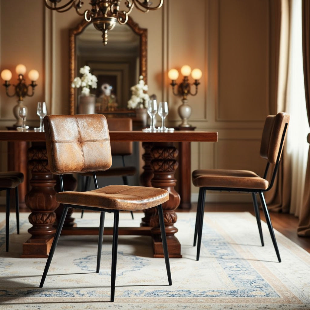 Stan Walnut Dining Table Set 63” Brown Table with 4 Pomona Upholstered Chairs Set of 5