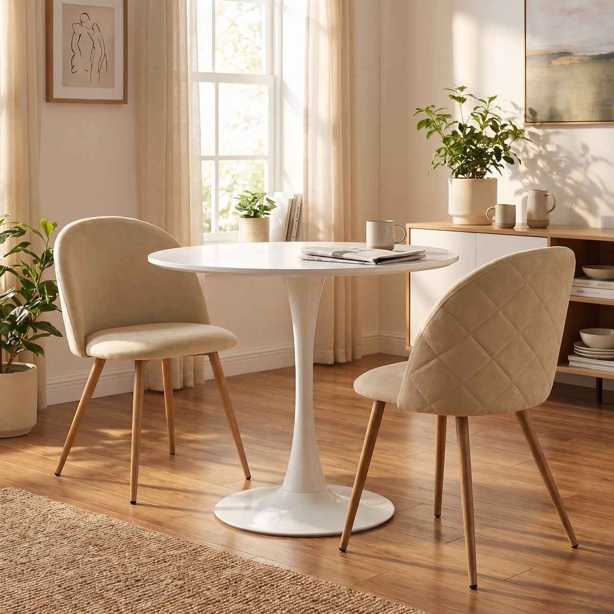 Homy Casa CLIFT + PUZ Cream 3PC 31.5" White Dining Set with 2 Cream Fabric Chairs, Open Box