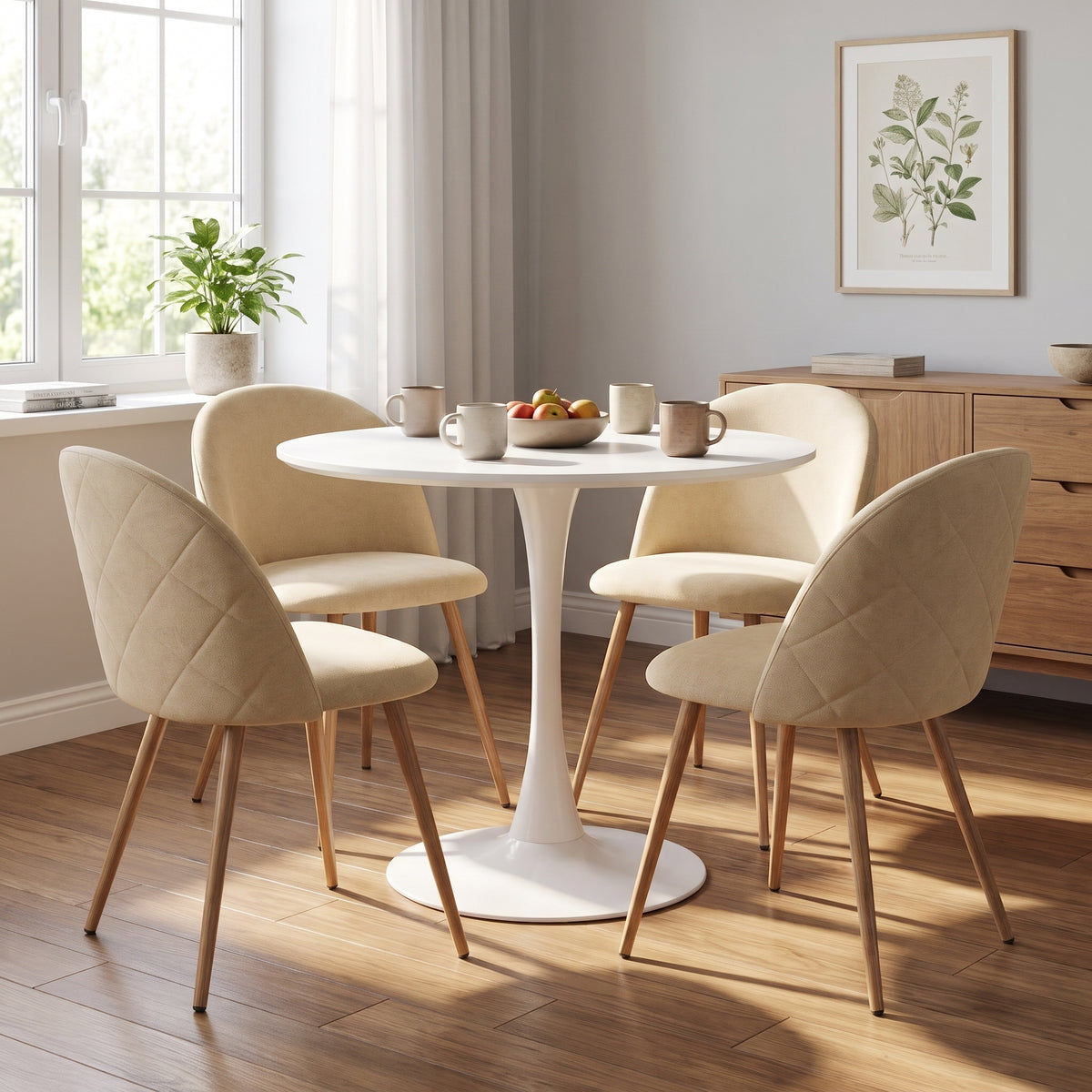 Homy Casa CLIFT + PUZ Cream 5PC 31.5" White Dining Set with 4 Cream Fabric Chairs, Open Box