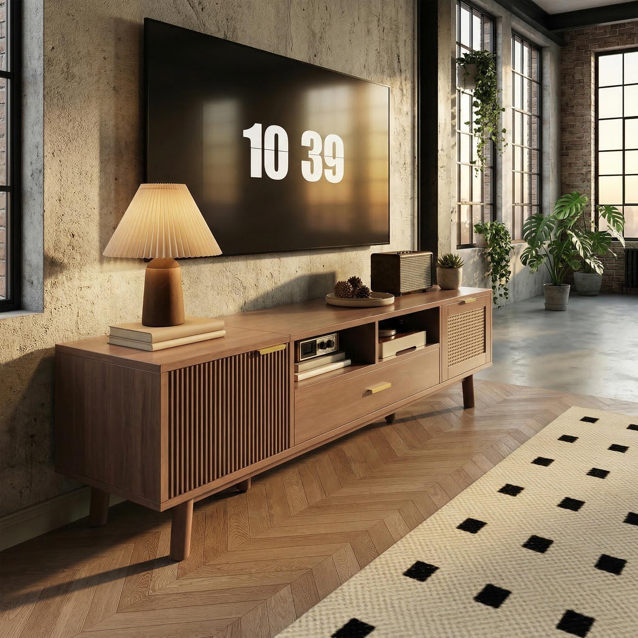 Padova 75" Wood Modern TV Stand with  Flip Door Cabinets and Open Storage