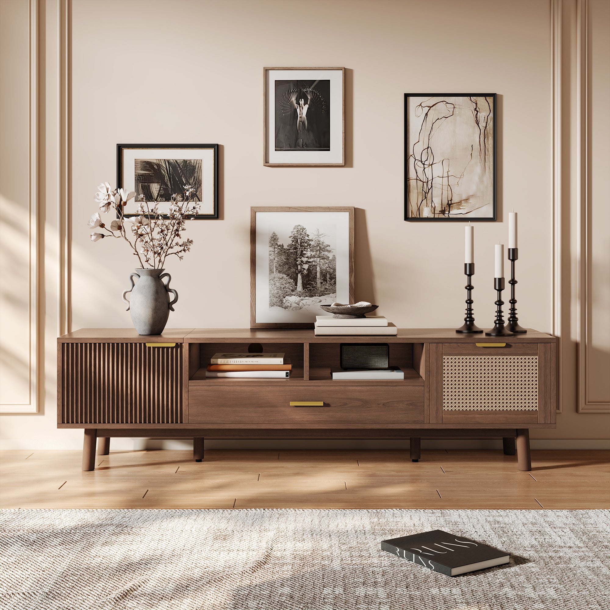 Padova 75" Wood Modern TV Stand with  Flip Door Cabinets and Open Storage