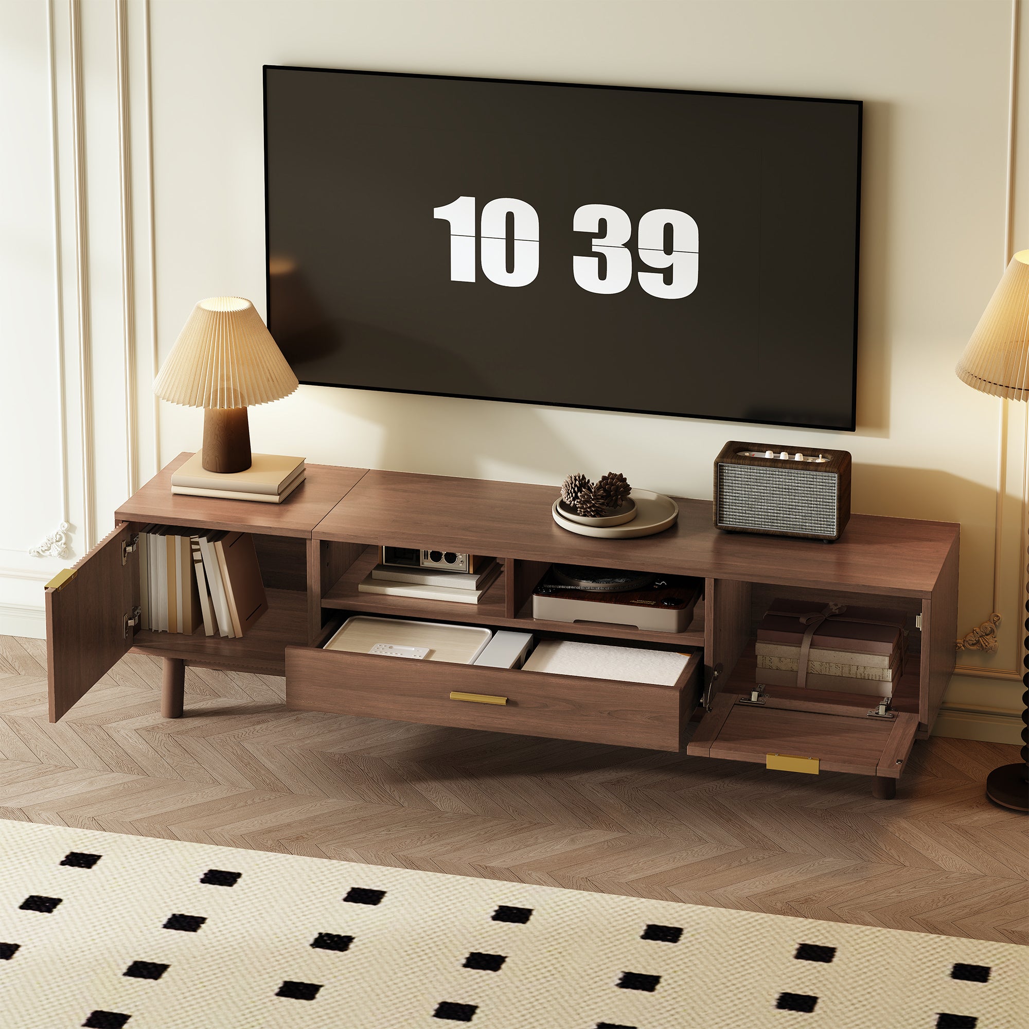 Padova 75" Wood Modern TV Stand with  Flip Door Cabinets and Open Storage