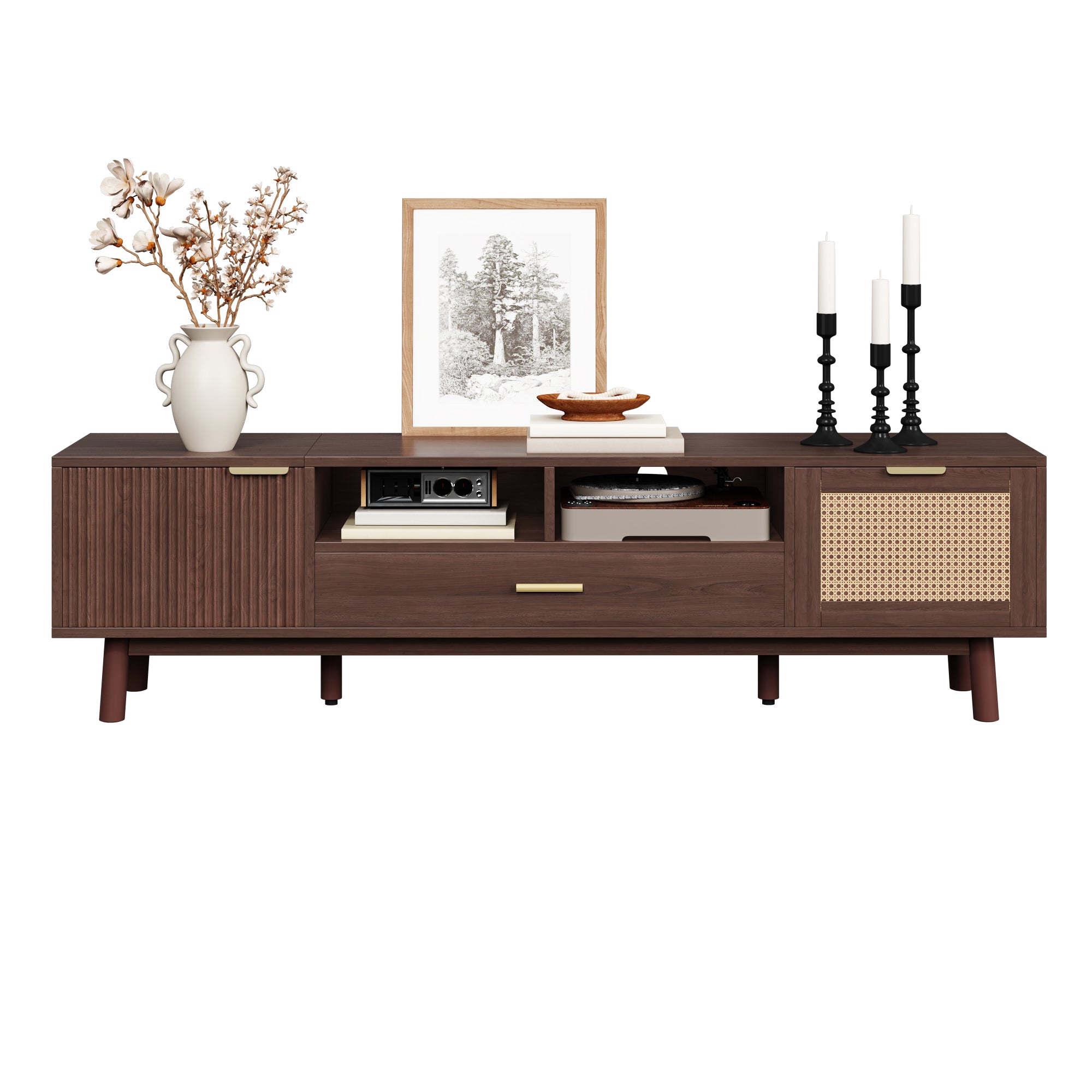 Padova 75" Wood Modern TV Stand with  Flip Door Cabinets and Open Storage