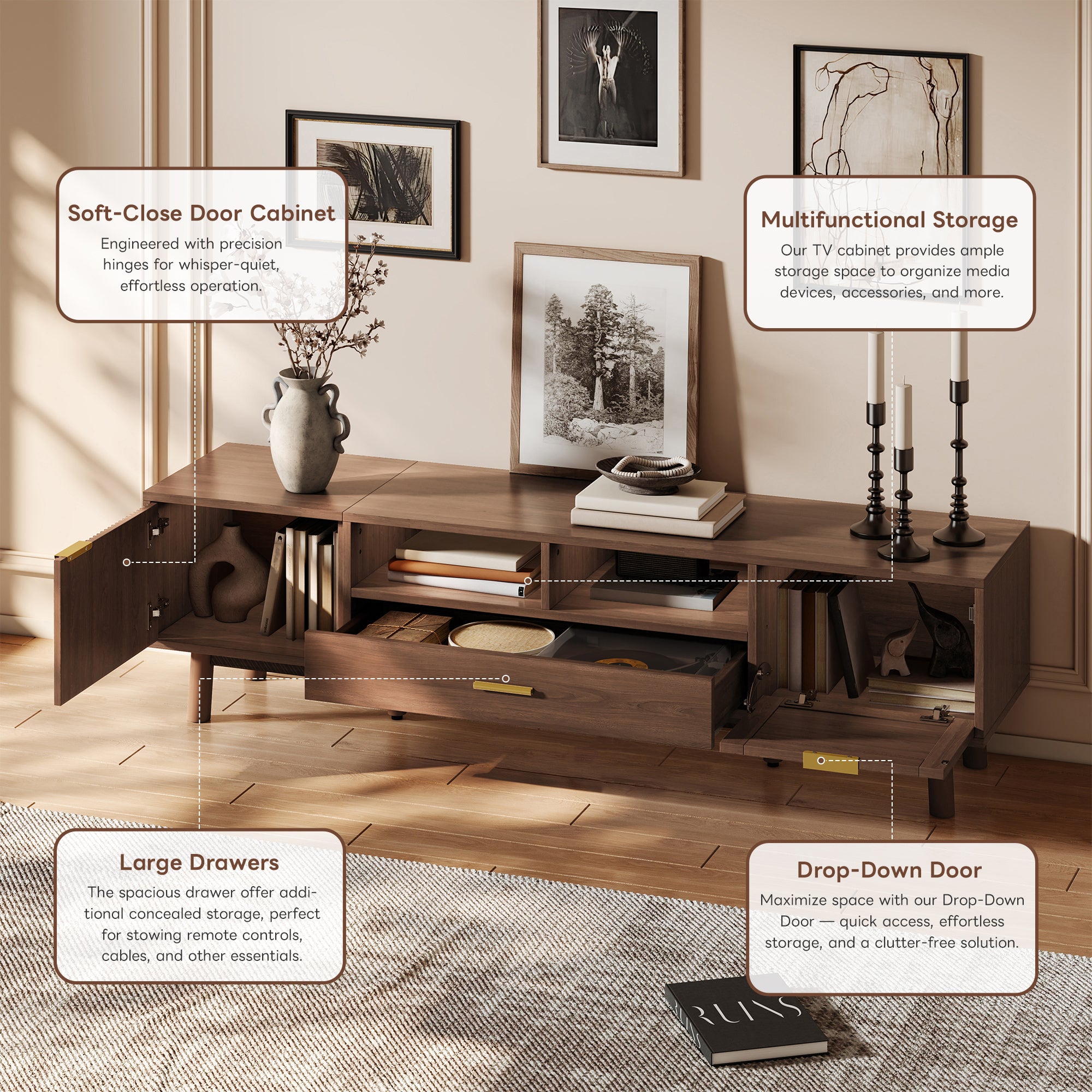 Padova 75" Wood Modern TV Stand with  Flip Door Cabinets and Open Storage