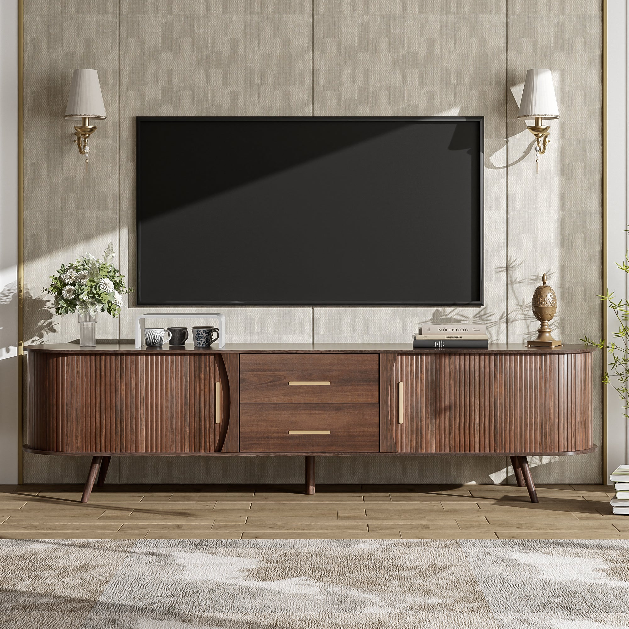 Perugia 80" Mid-Century Modern TV Stand with Sliding Doors and Drawers