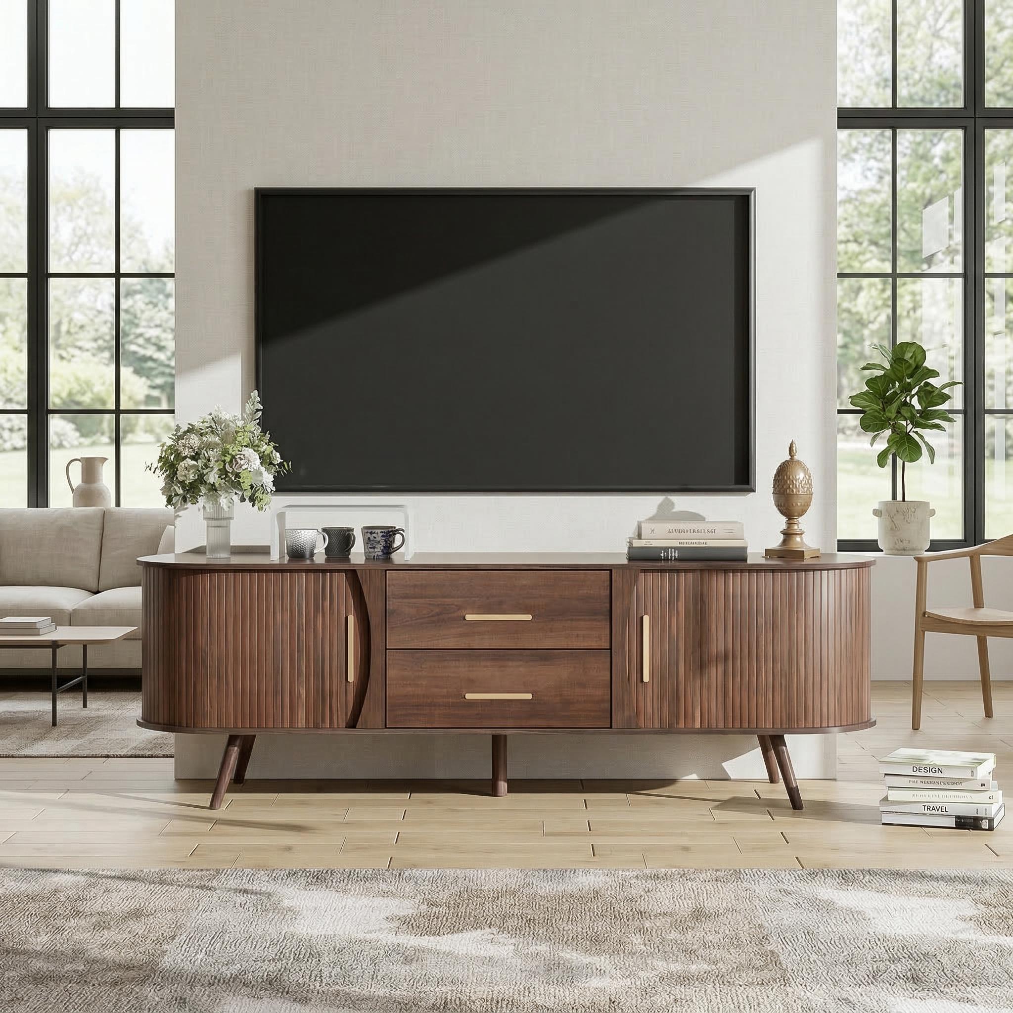 Perugia 80" Mid-Century Modern TV Stand with Sliding Doors and Drawers