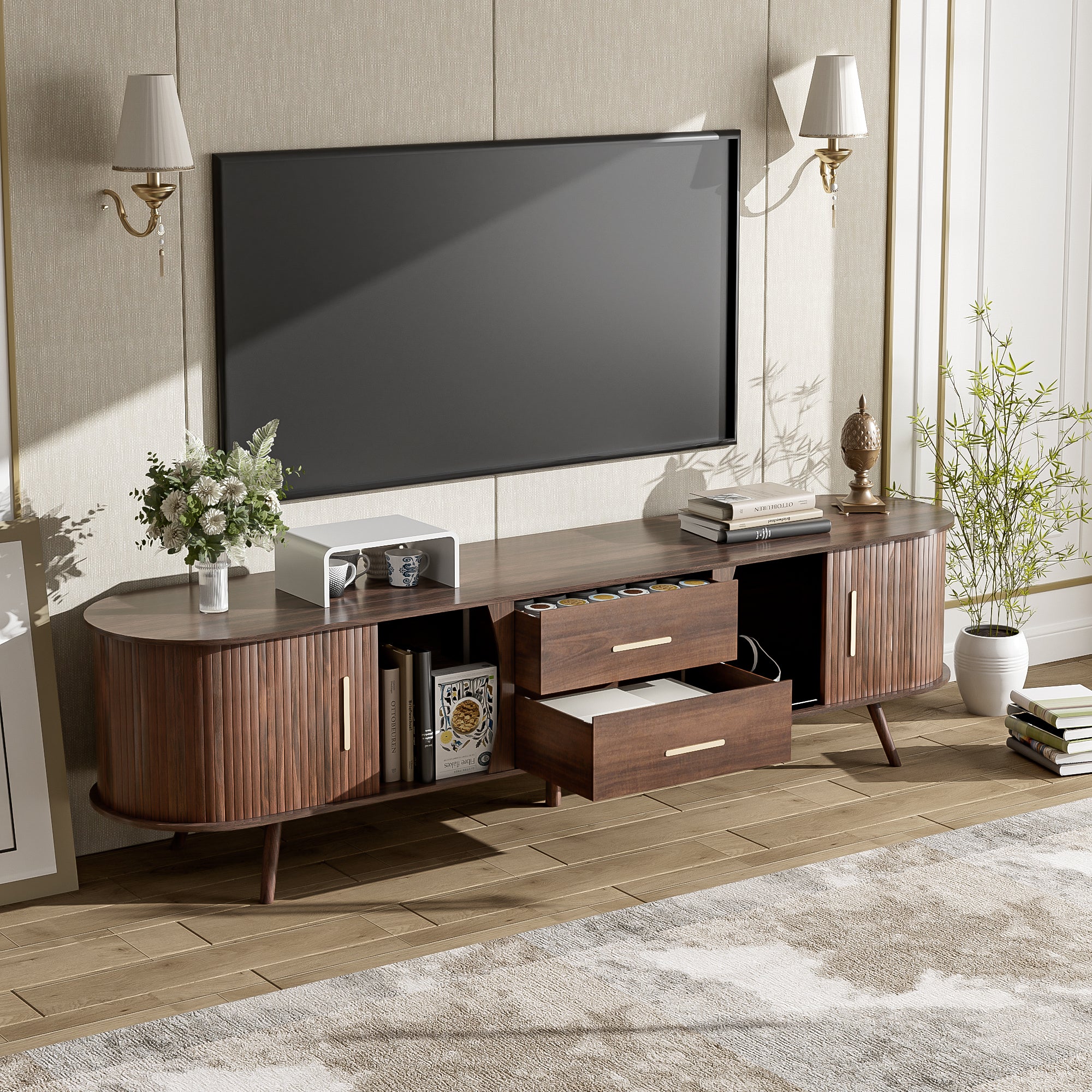 Perugia 80" Mid-Century Modern TV Stand with Sliding Doors and Drawers
