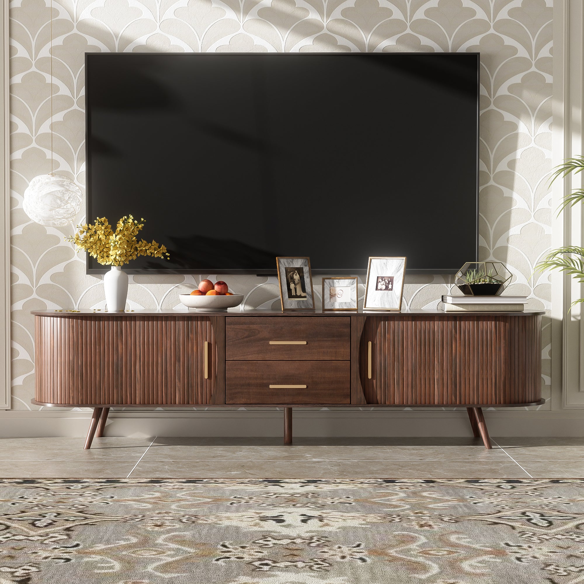 Perugia 80" Mid-Century Modern TV Stand with Sliding Doors and Drawers