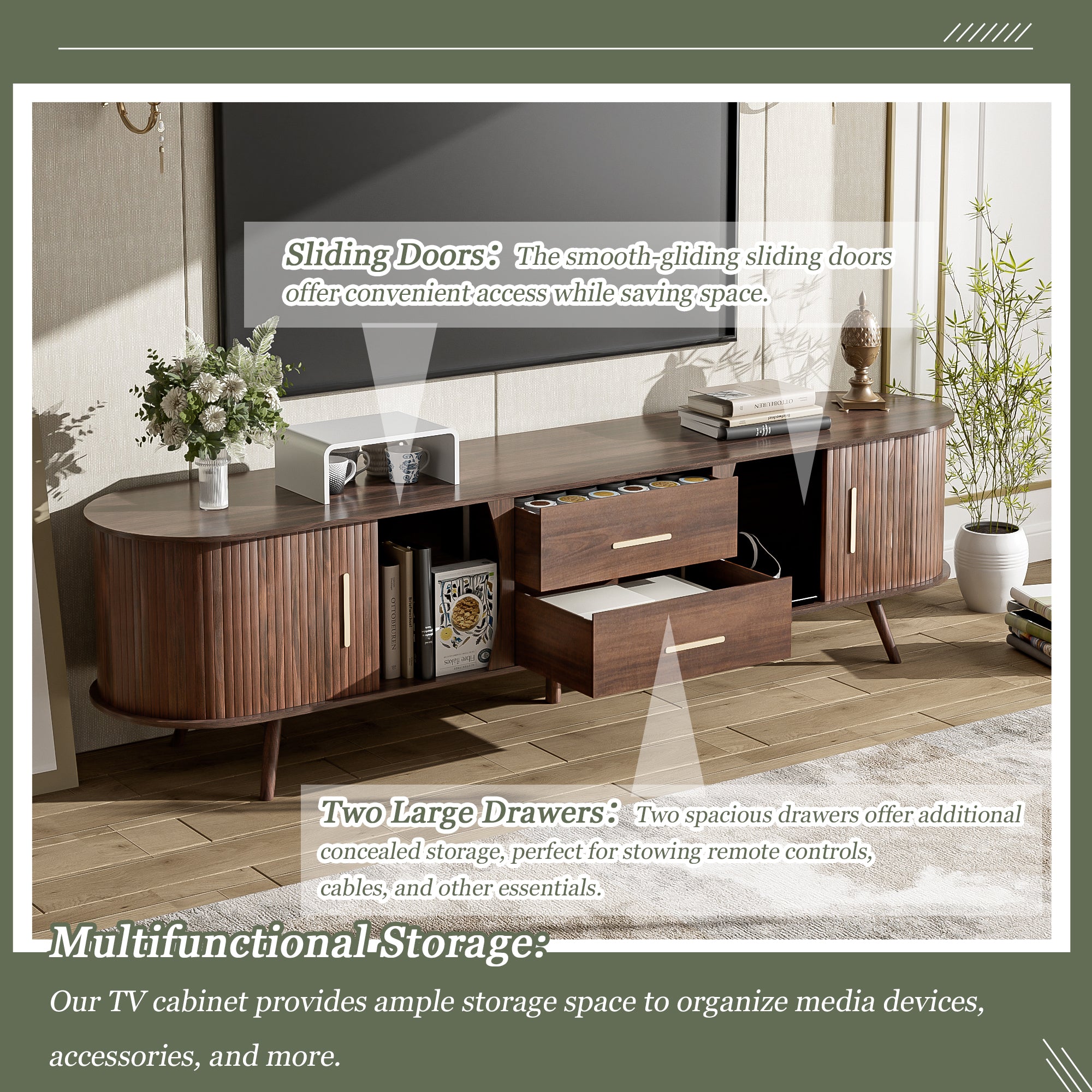 Perugia 80" Mid-Century Modern TV Stand with Sliding Doors and Drawers