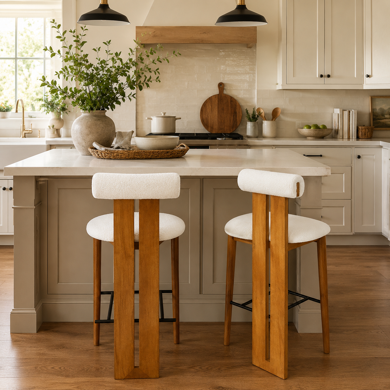 Pienza 30" Pillow Back Boucle Wooden Upholstered Bar Stools Set of 2