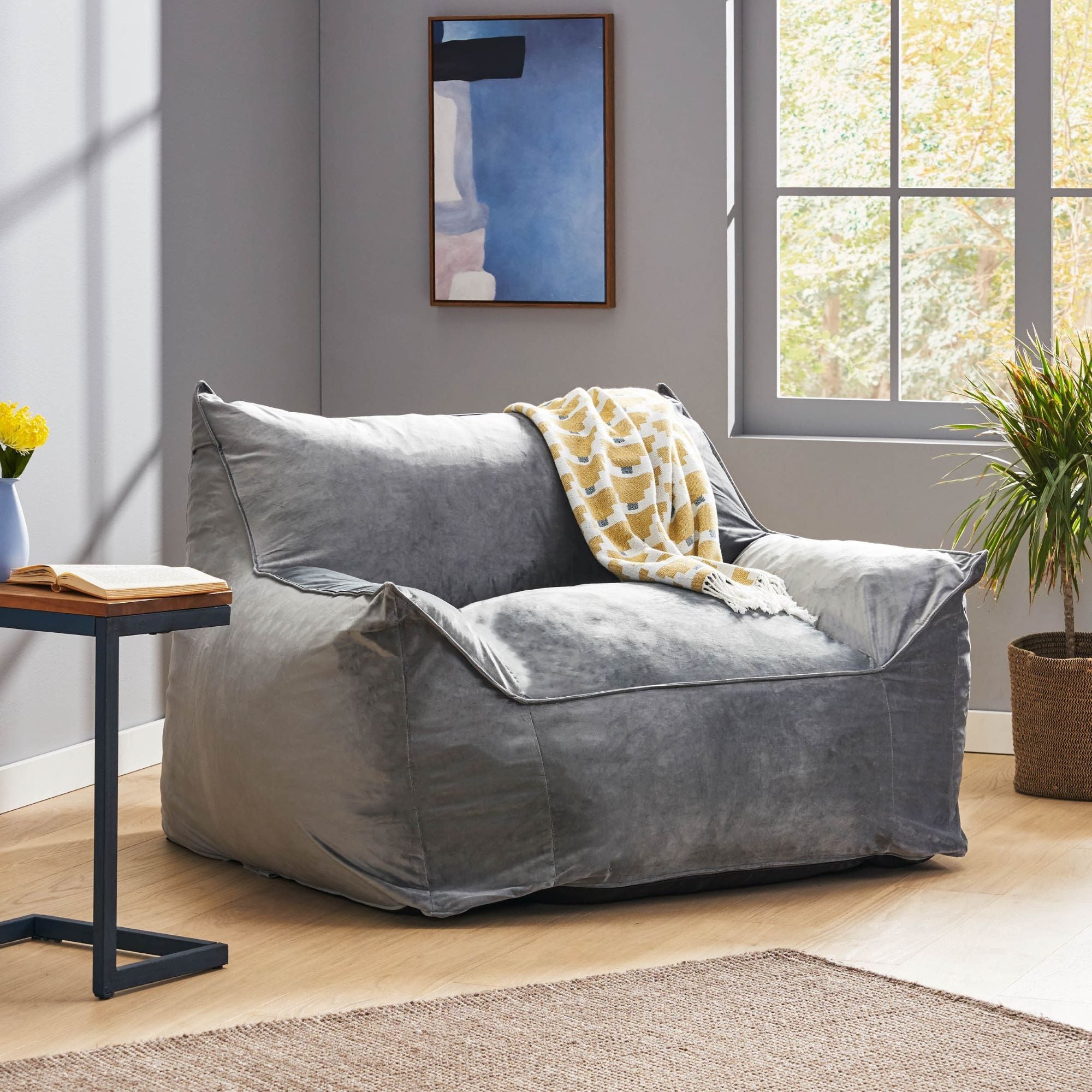 Plano 40" Contemporary Velvet Bean Bag Chair with Armrests