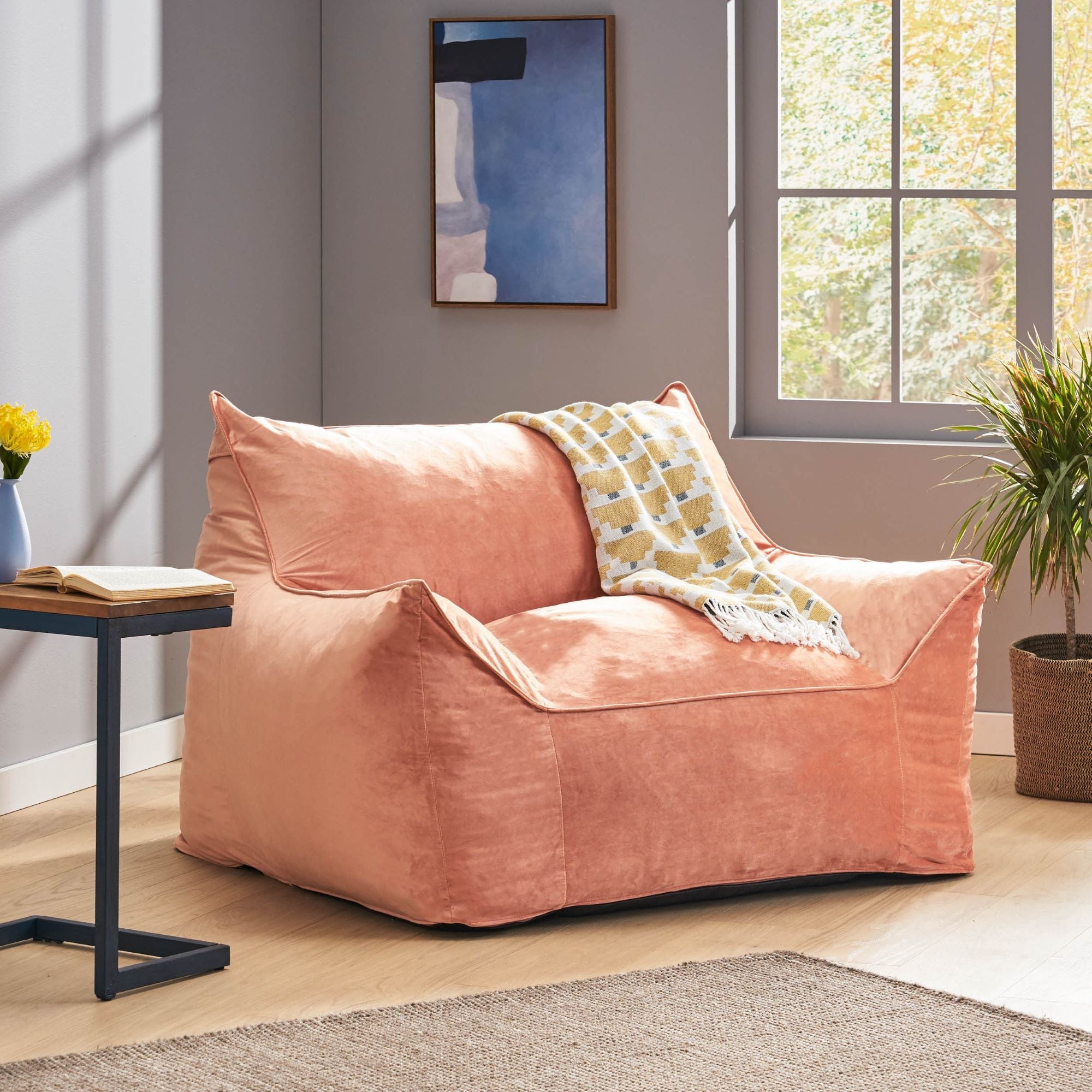 Plano 40" Contemporary Velvet Bean Bag Chair with Armrests
