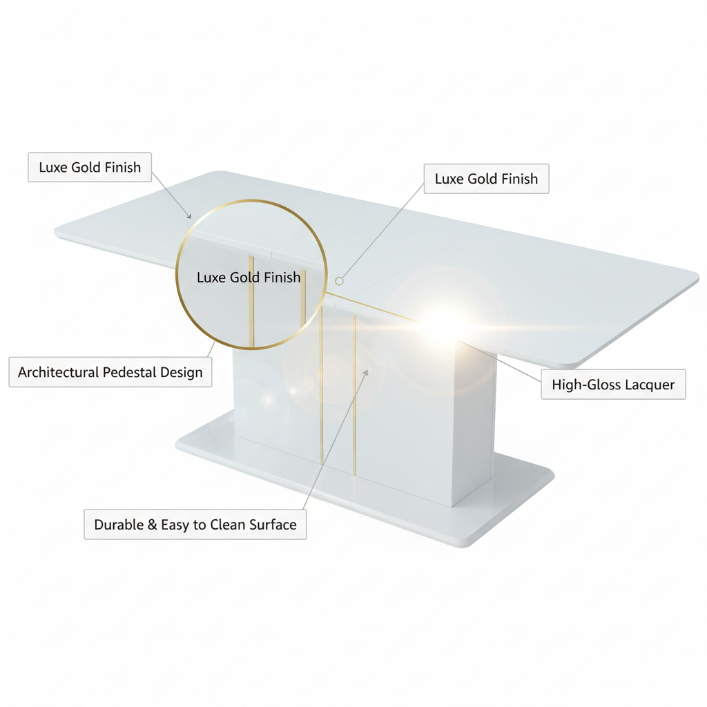 Homy Casa QUINBY 81“ High Gloss White Extendable Dining Table Pedestal Base