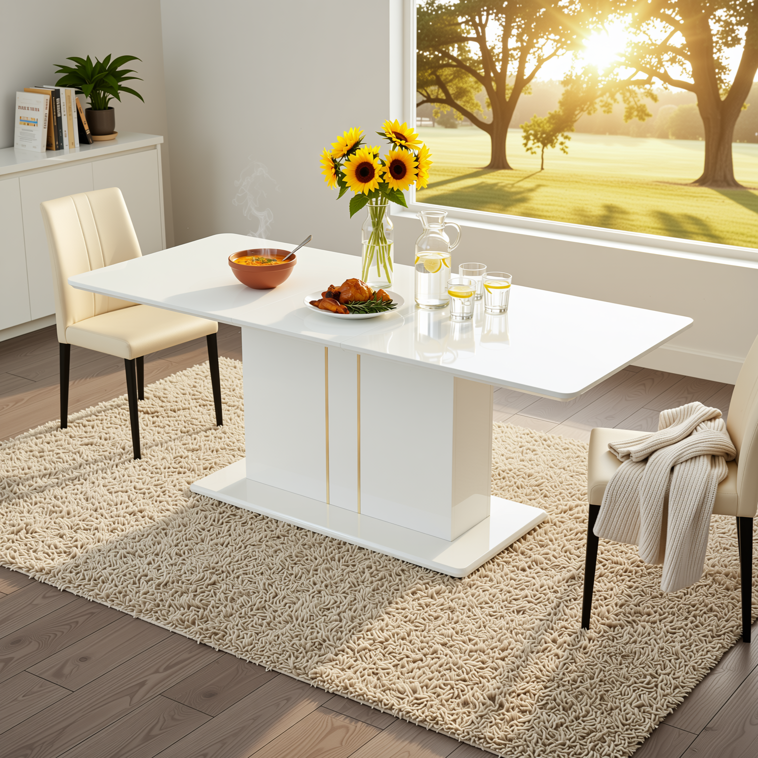 QUINBY 81“ High Gloss White Extendable Dining Table Pedestal Base