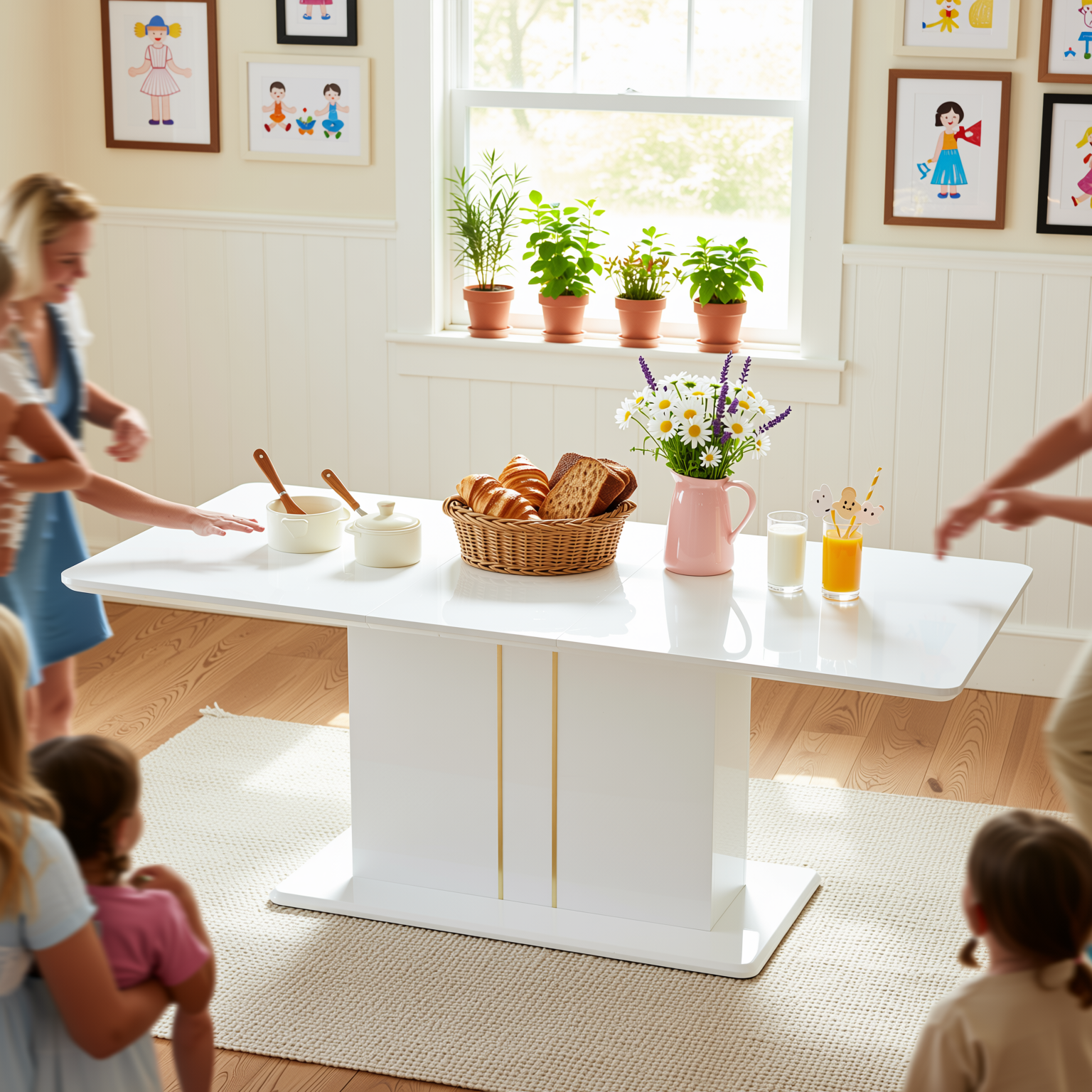 QUINBY 81“ High Gloss White Extendable Dining Table Pedestal Base