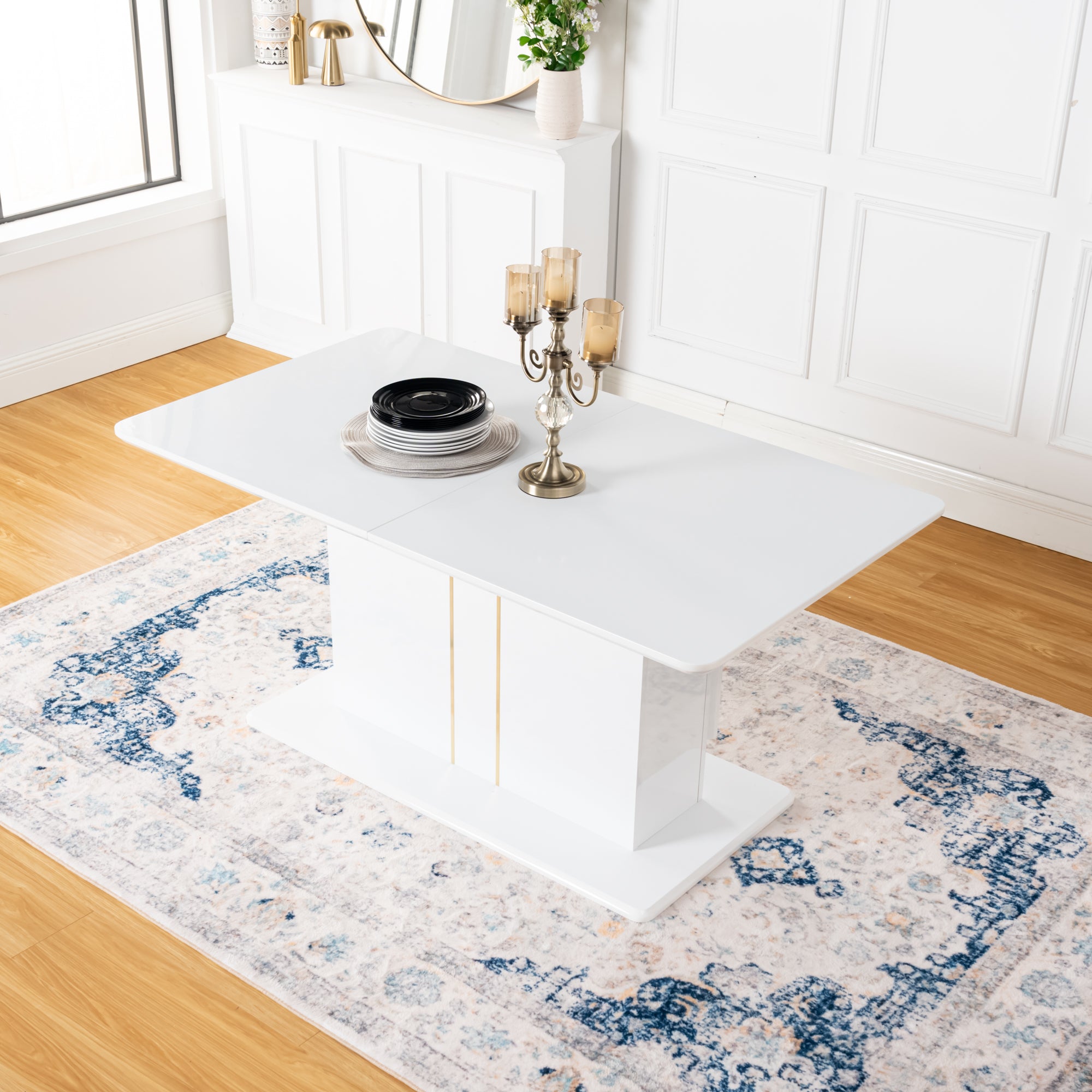 QUINBY 81“ High Gloss White Extendable Dining Table Pedestal Base