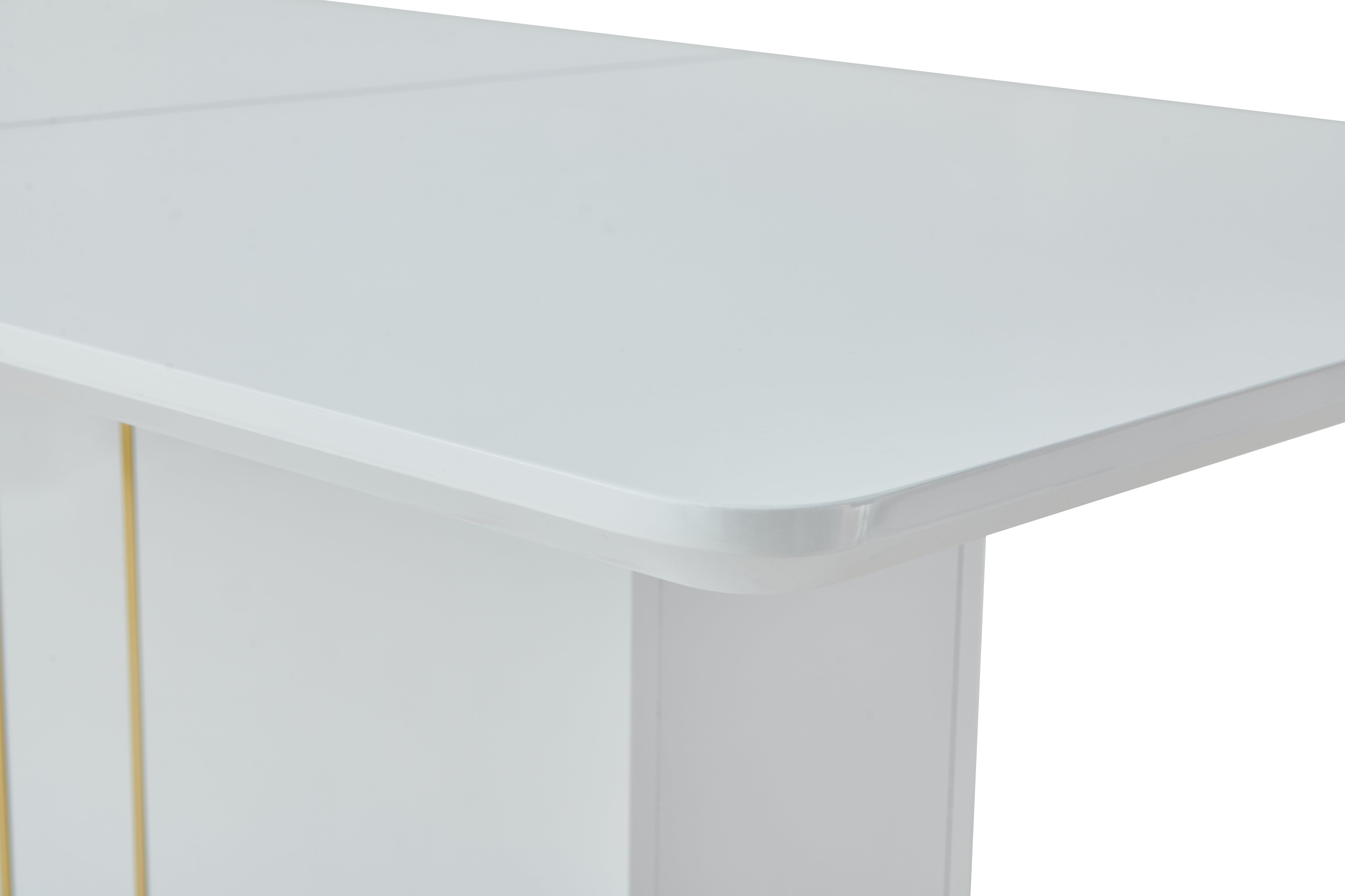 QUINBY High Gloss White Extendable Dining Table Pedestal Base Rounded Corners Modern Kitchen Table