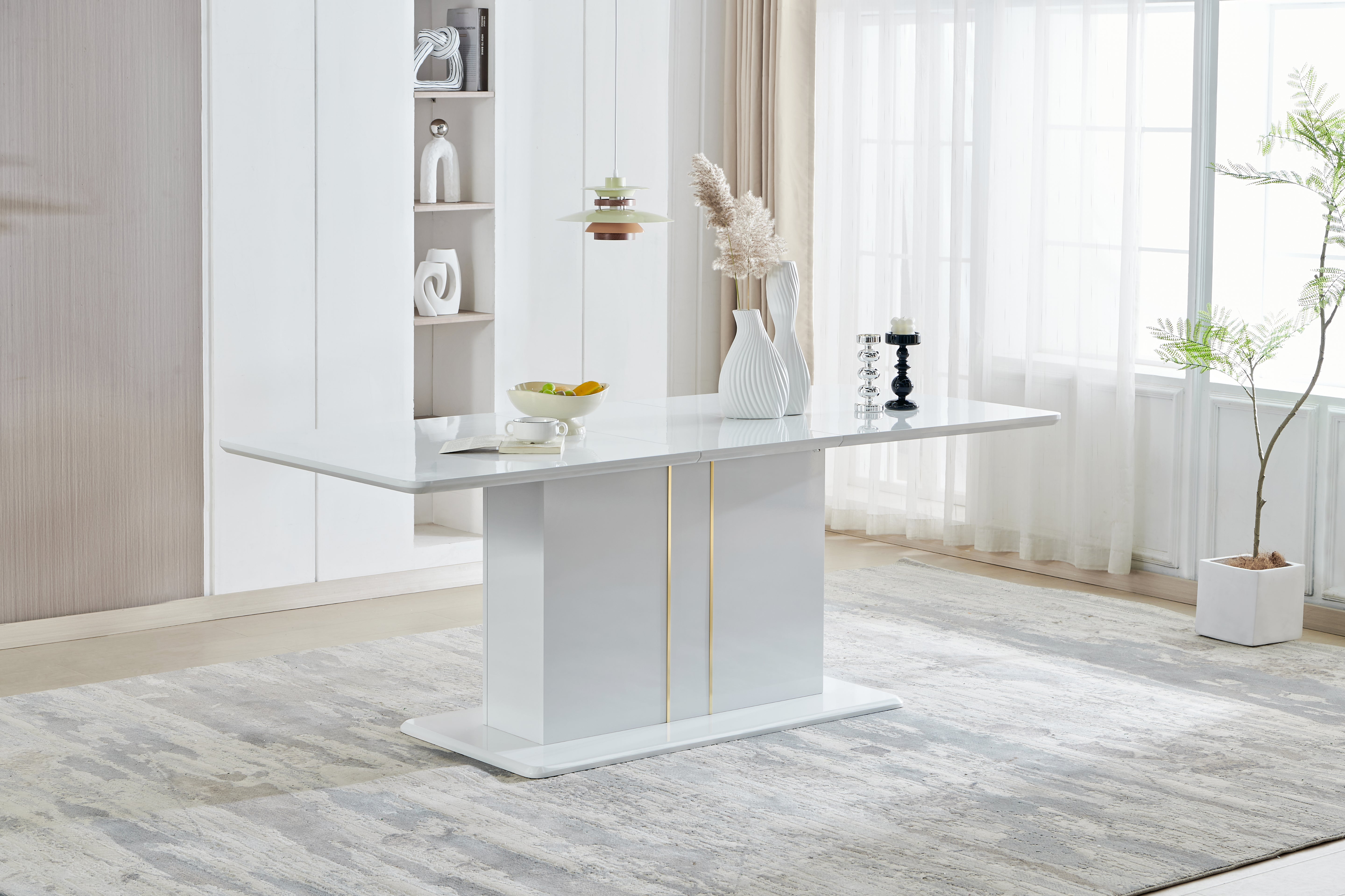 QUINBY High Gloss White Extendable Dining Table Pedestal Base Rounded Corners Modern Kitchen Table