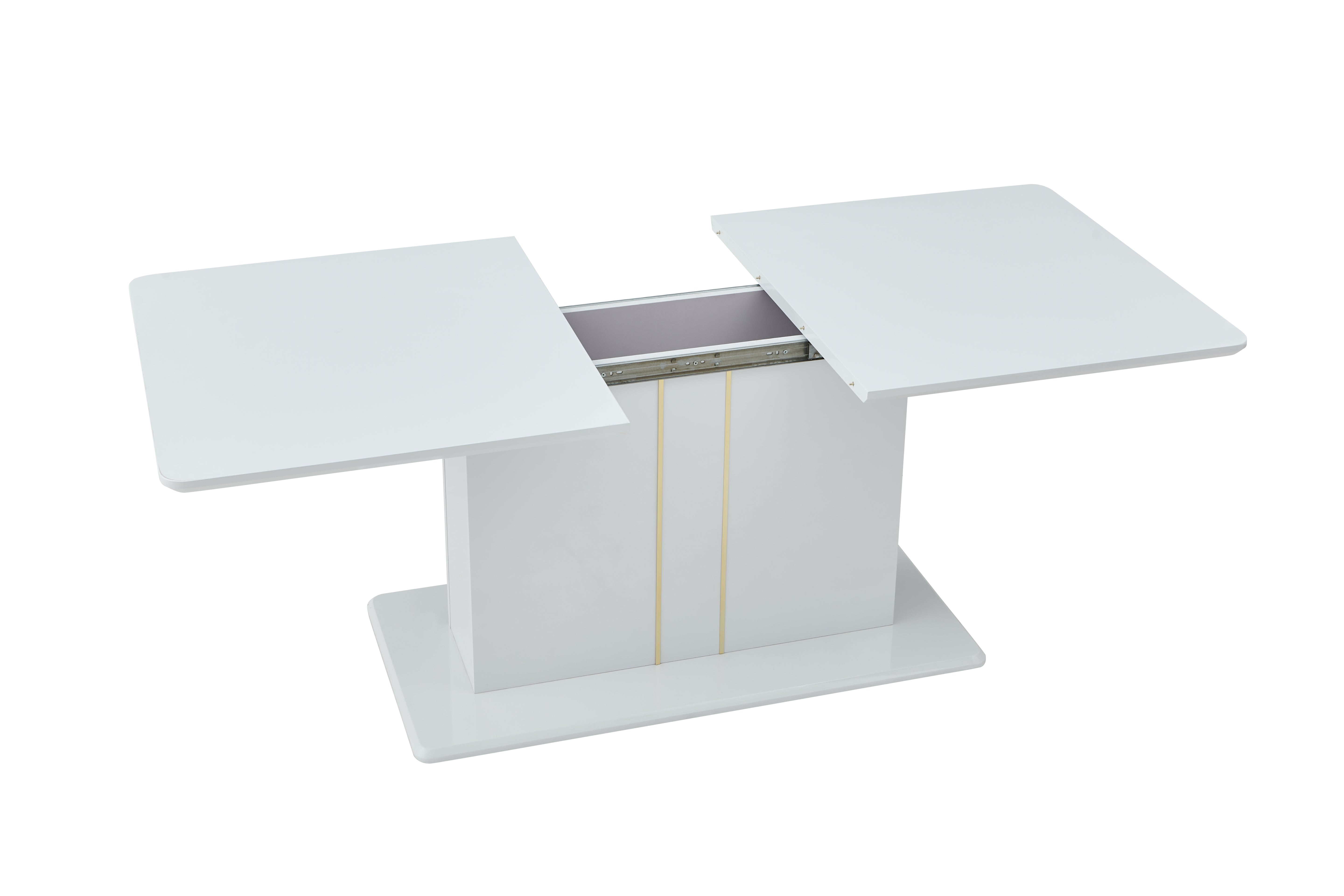 QUINBY High Gloss White Extendable Dining Table Pedestal Base Rounded Corners Modern Kitchen Table