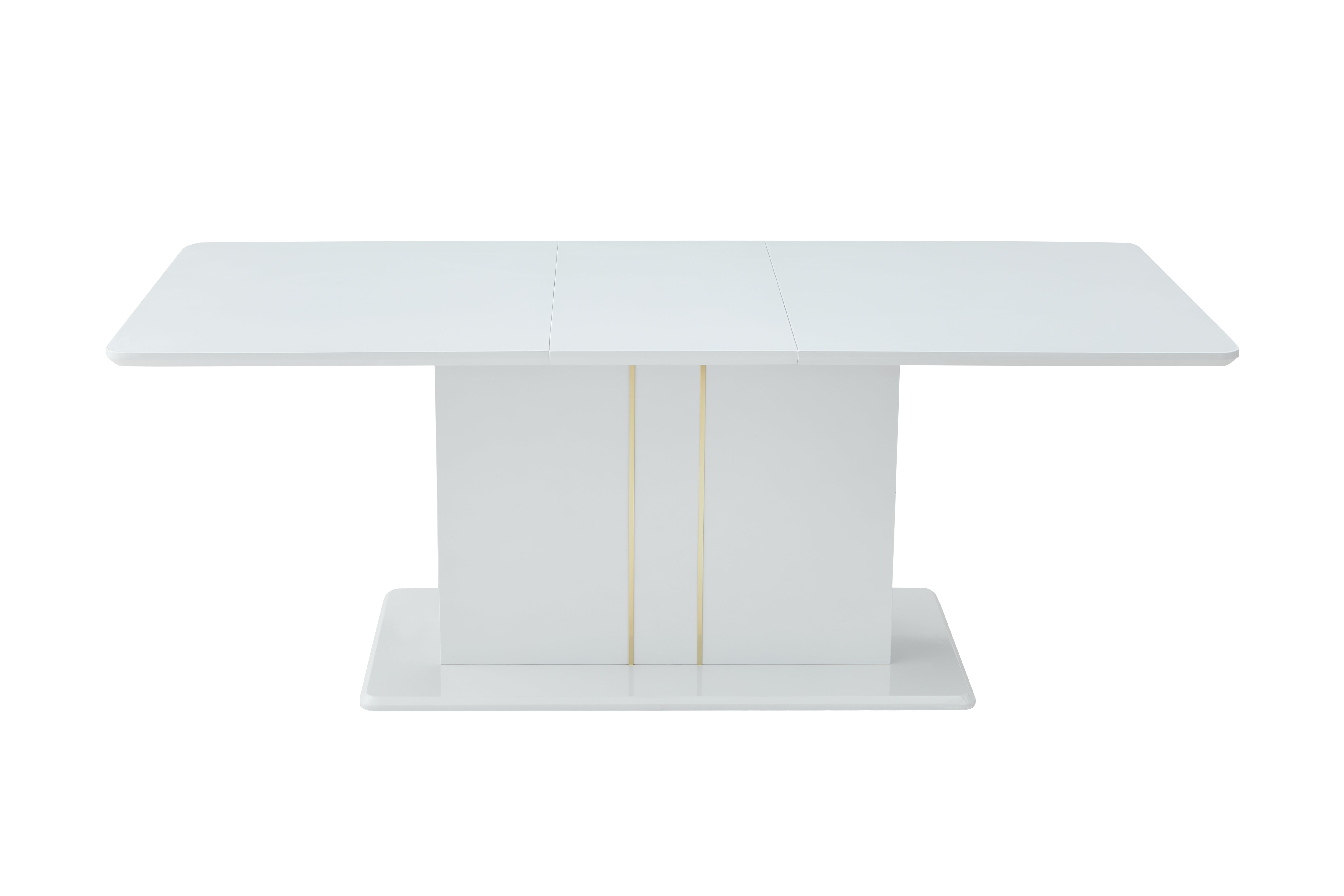 QUINBY High Gloss White Extendable Dining Table Pedestal Base Rounded Corners Modern Kitchen Table