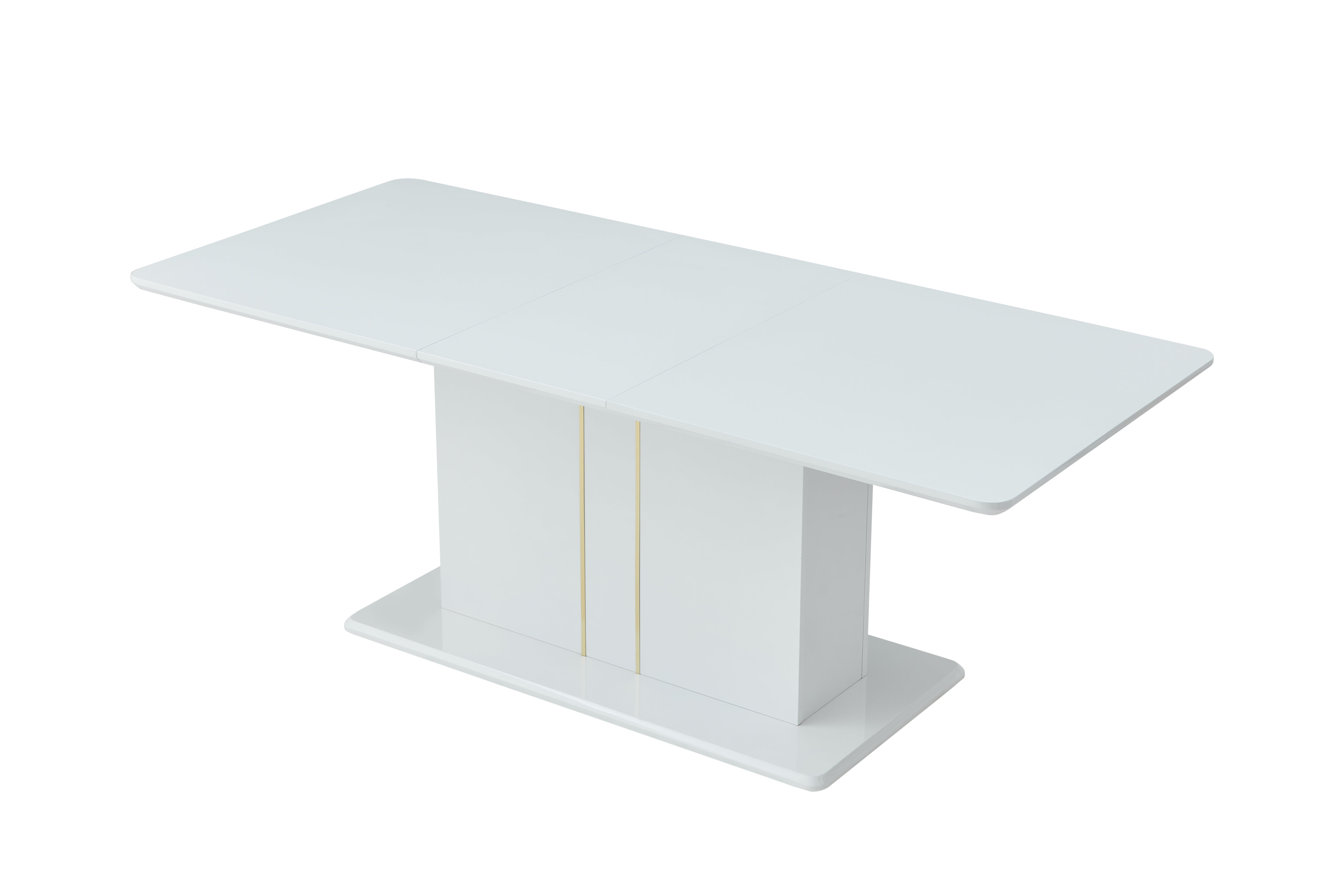 QUINBY High Gloss White Extendable Dining Table Pedestal Base Rounded Corners Modern Kitchen Table