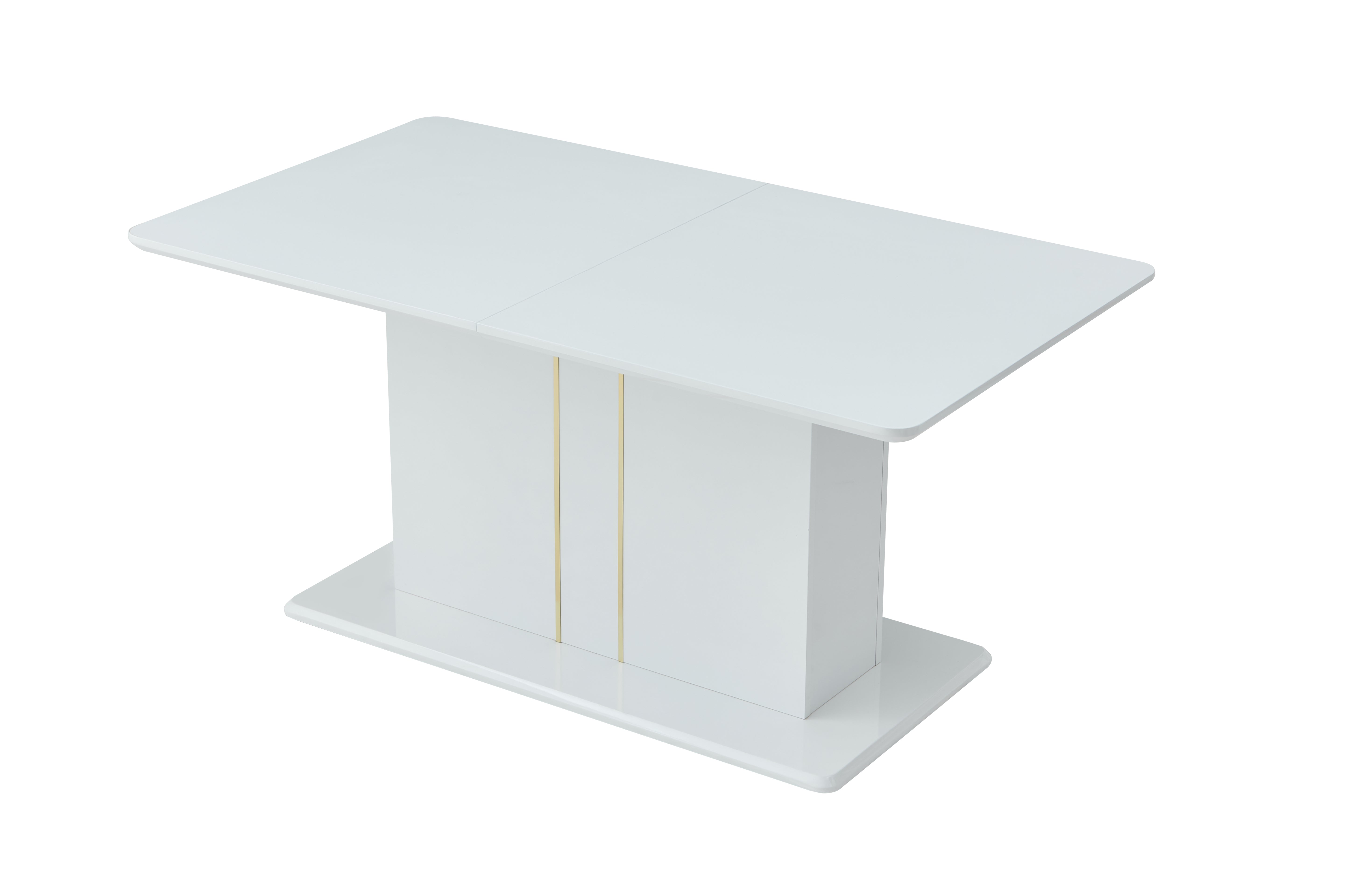 QUINBY High Gloss White Extendable Dining Table Pedestal Base Rounded Corners Modern Kitchen Table