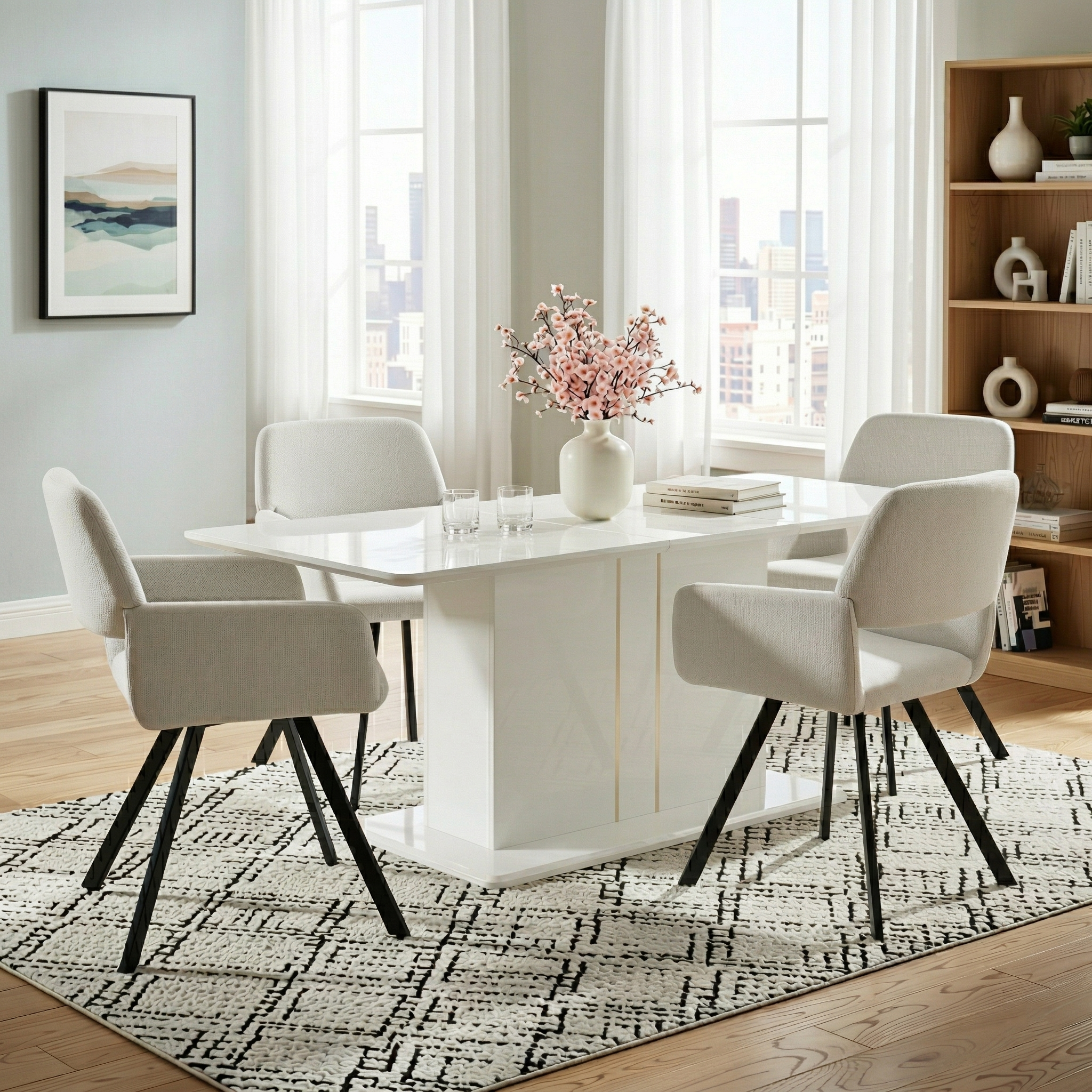 Homy Casa Quinby 5PC Dining Set 81” Extendable High Gloss Table with 4 California Swivel Beige Fabric Armchairs Modern Pedestal Base