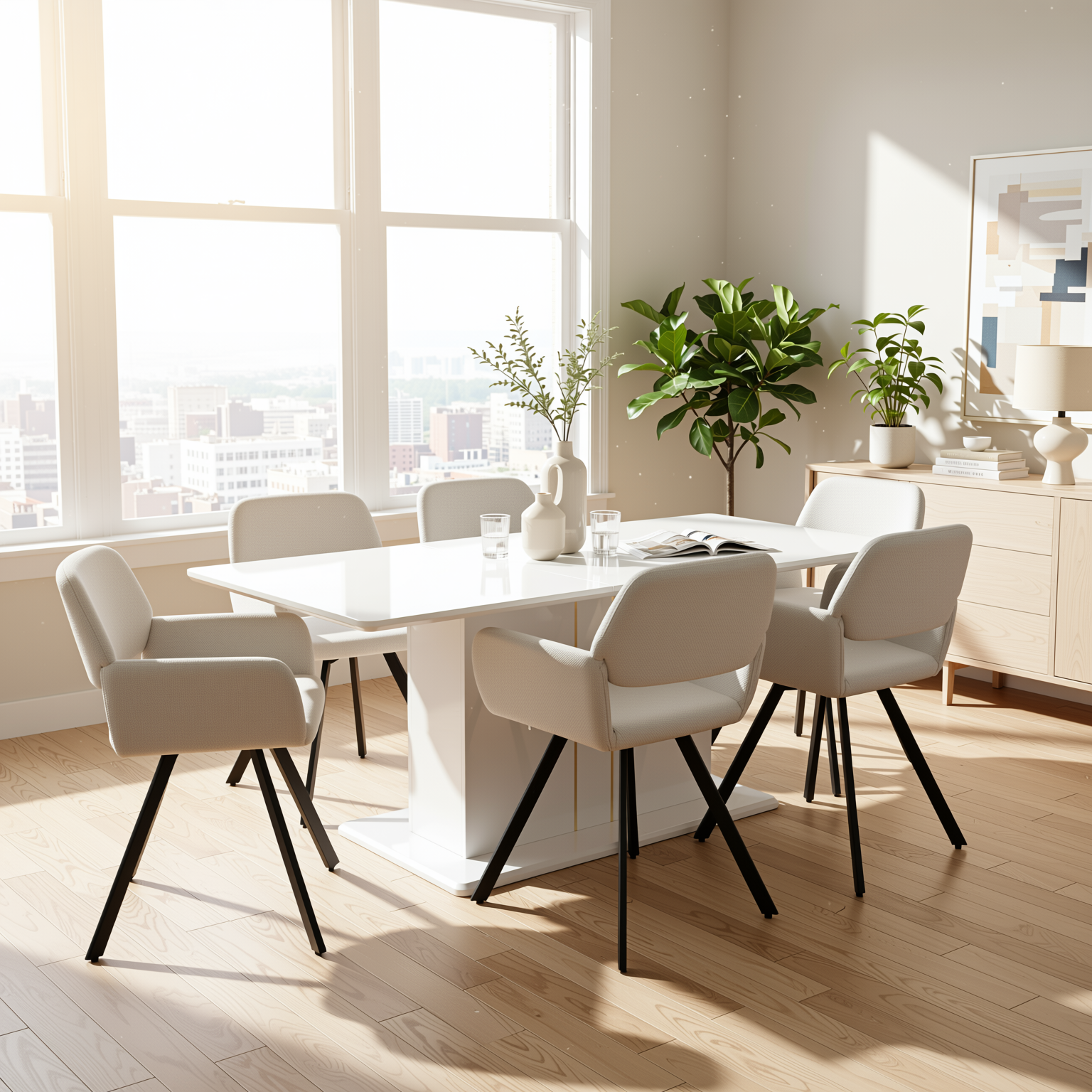 Homy Casa Quinby 7PC Dining Set 81” Extendable High Gloss Table with 6 California Swivel Beige Fabric Armchairs Modern Pedestal Base