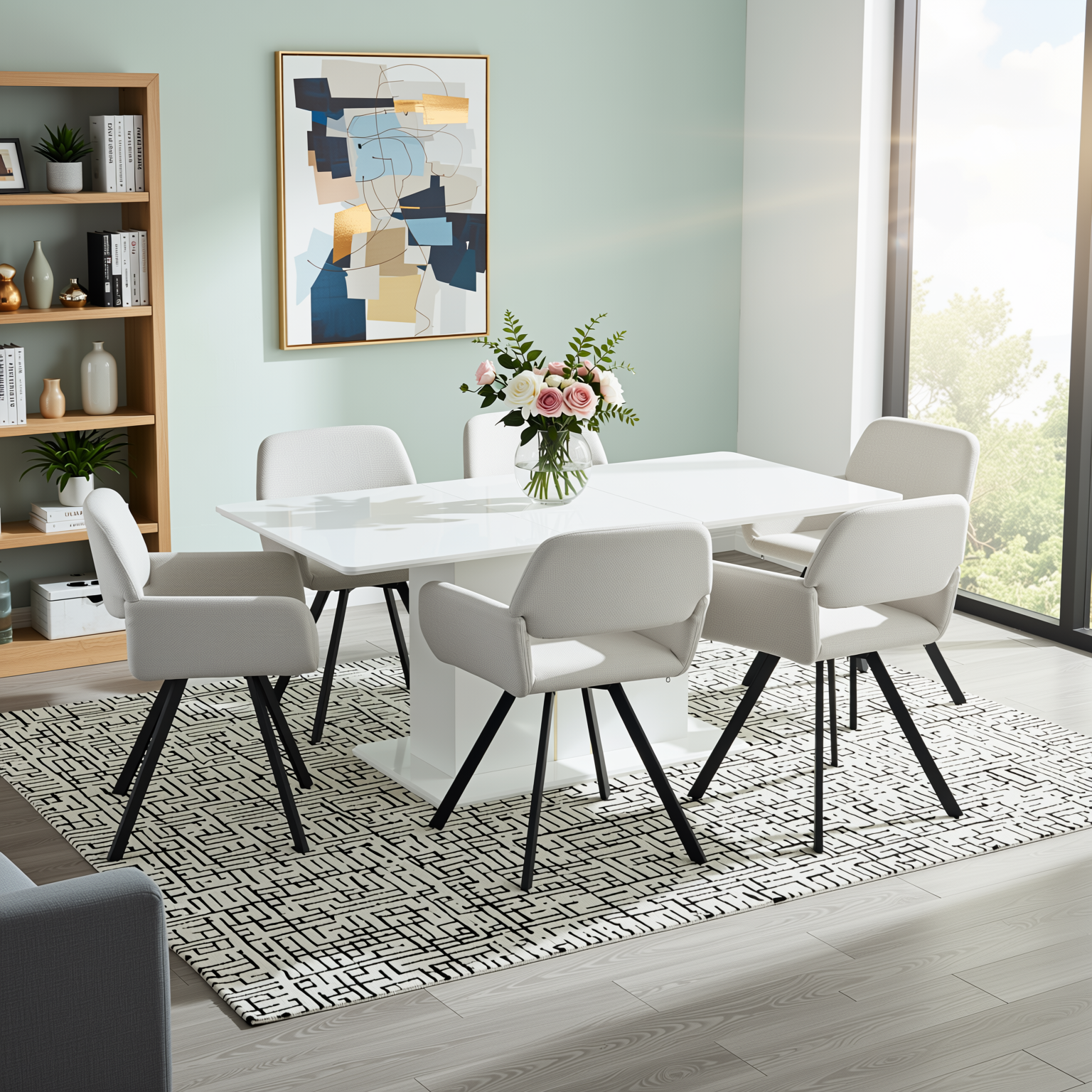 Homy Casa Quinby 7PC Dining Set 81” Extendable High Gloss Table with 6 ...