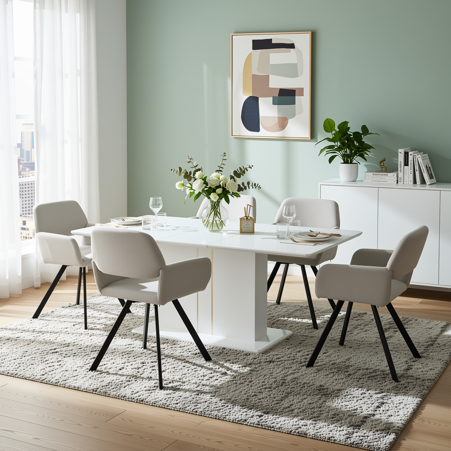 Homy Casa Quinby 5PC Dining Set 81” Extendable High Gloss Table with 4 California Swivel Beige Fabric Armchairs Modern Pedestal Base