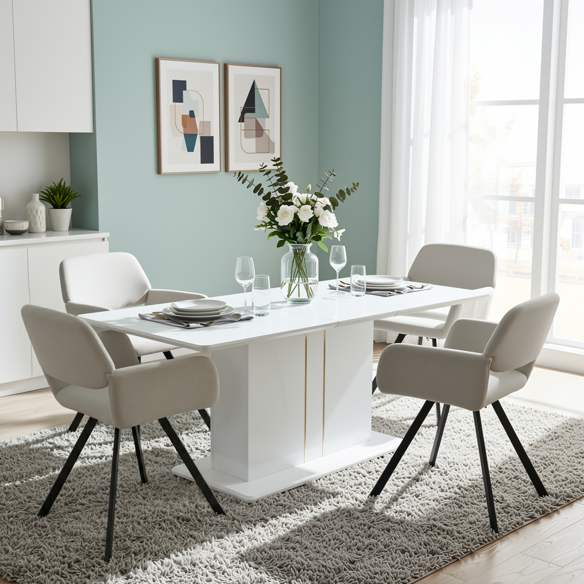 Homy Casa Quinby 5PC Dining Set 81” Extendable High Gloss Table with 4 California Swivel Beige Fabric Armchairs Modern Pedestal Base