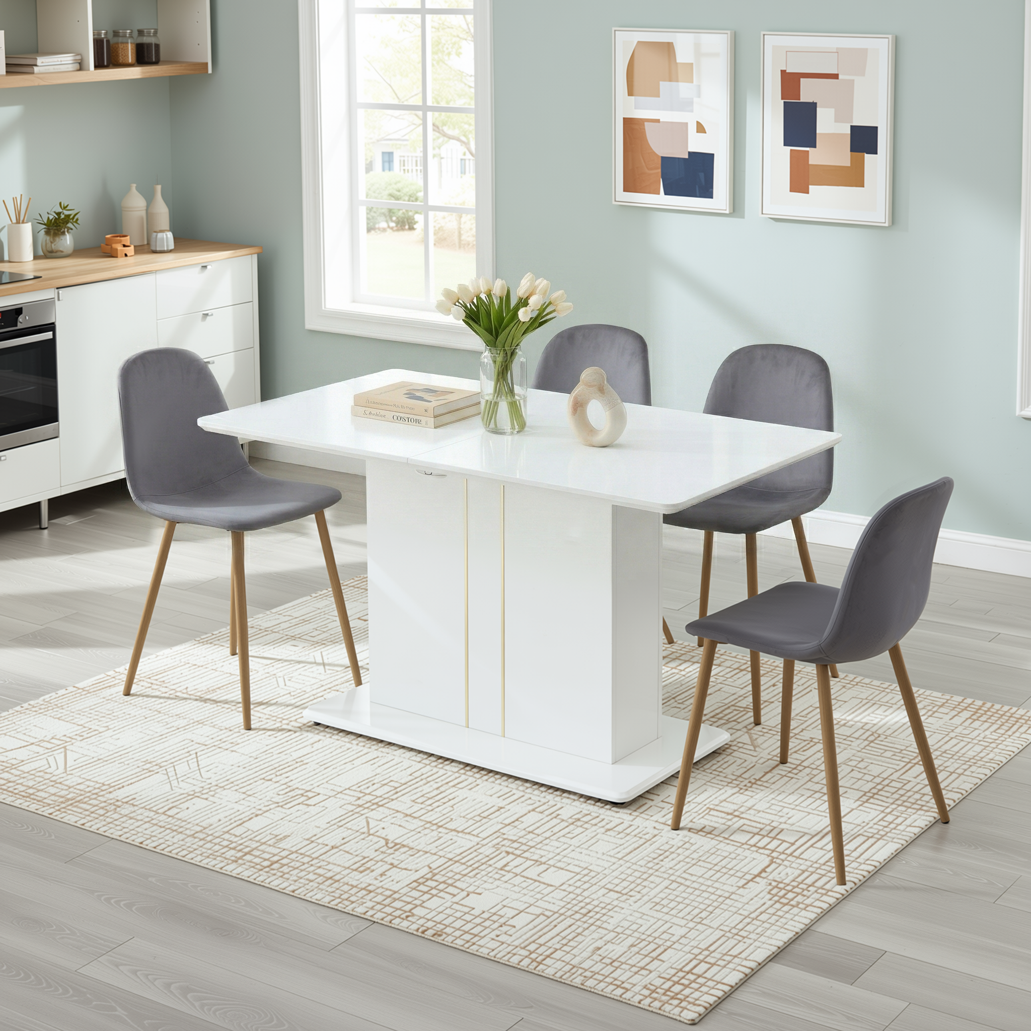 Quinby 5PC Dining Set Extendable Table with 4 CHARLTON Grey Velvet Chairs