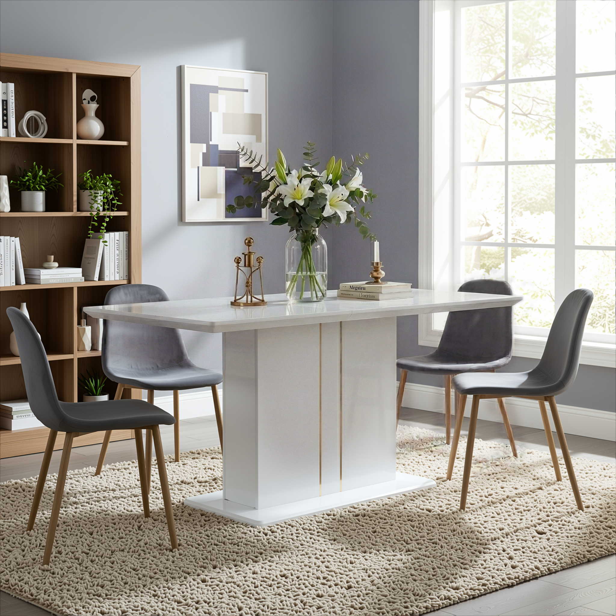 Quinby 5PC Dining Set Extendable Table with 4 CHARLTON Grey Velvet Chairs