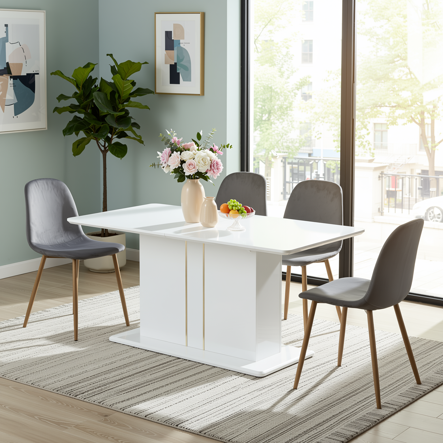 Quinby 5PC Dining Set Extendable Table with 4 CHARLTON Grey Velvet Chairs