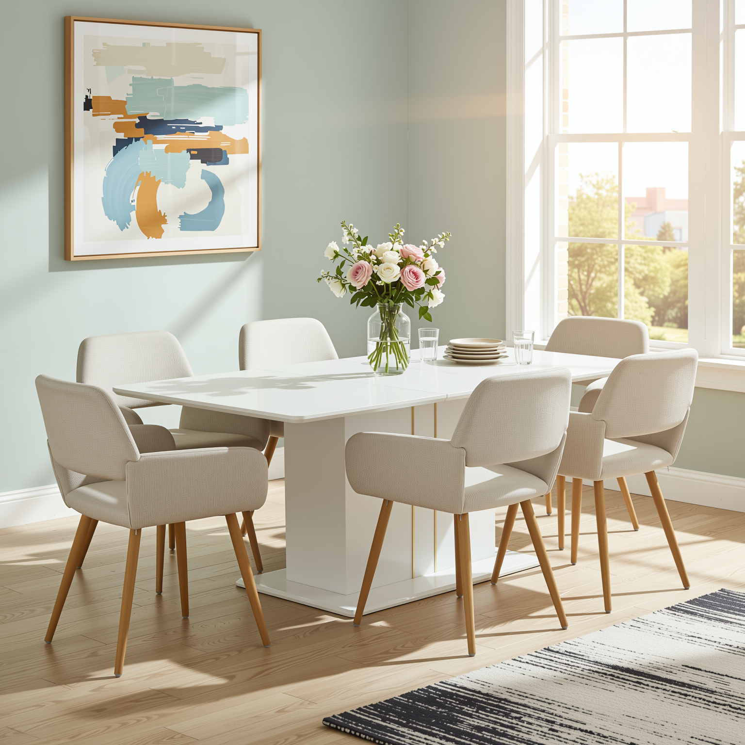 Quinby 7PC Dining Set Extendable Dining Table with 6 MAYFAIR Beige Chairs