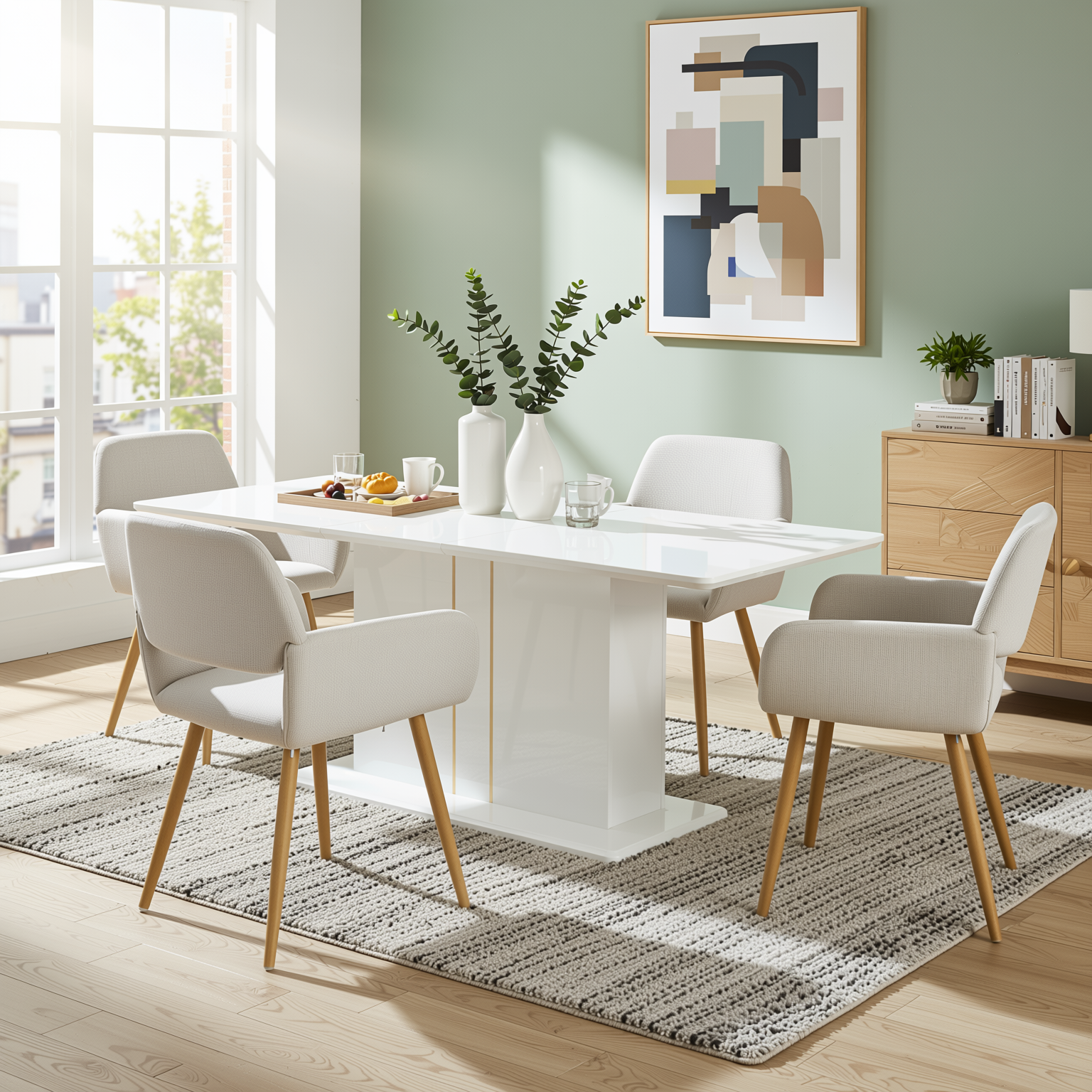 Quinby 5PC Dining Set Extendable Dining Table with 4 MAYFAIR Beige Chairs