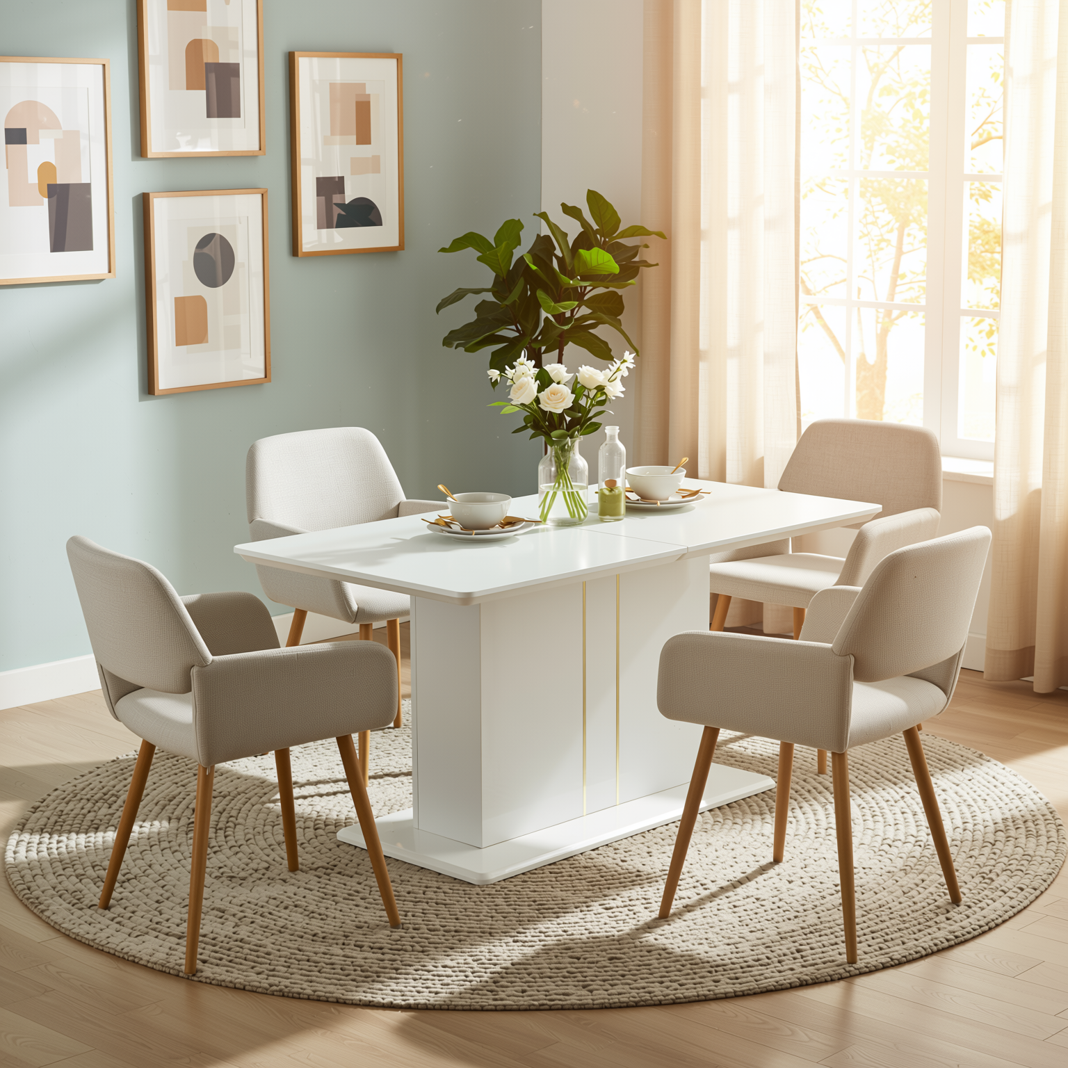 Quinby 5PC Dining Set Extendable Dining Table with 4 MAYFAIR Beige Chairs
