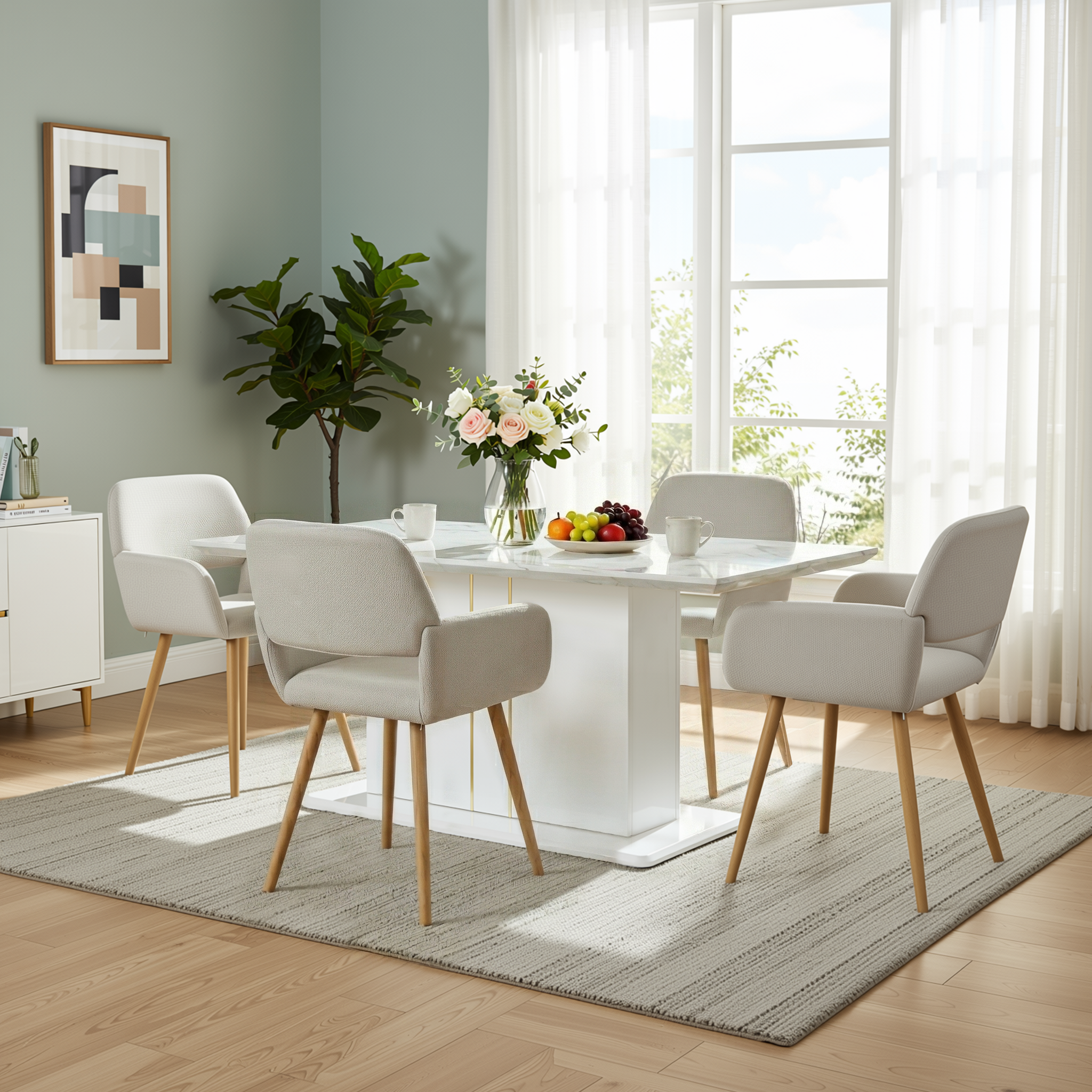 Quinby 5PC Dining Set Extendable Dining Table with 4 MAYFAIR Beige Chairs