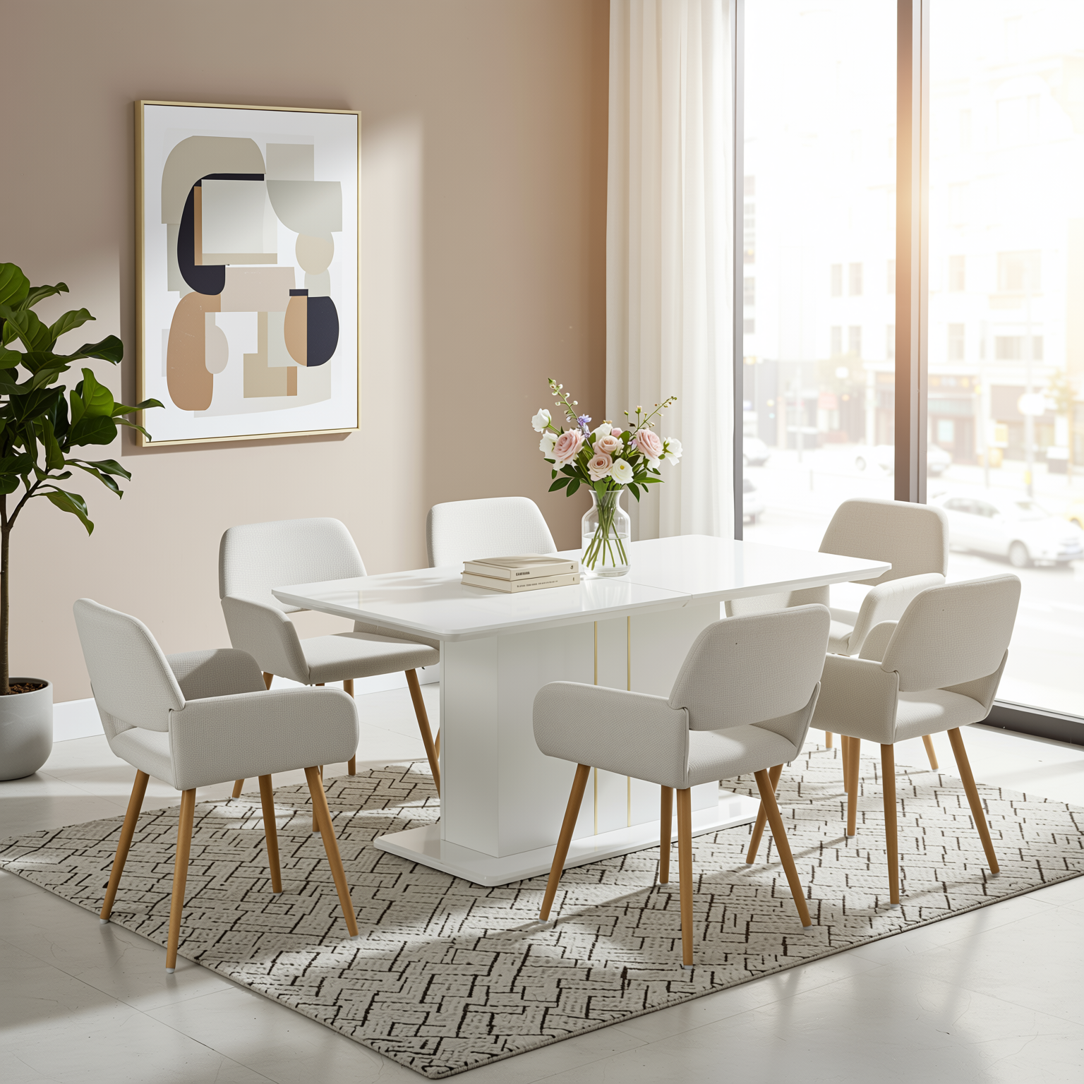 Quinby 7PC Dining Set Extendable Dining Table with 6 MAYFAIR Beige Chairs