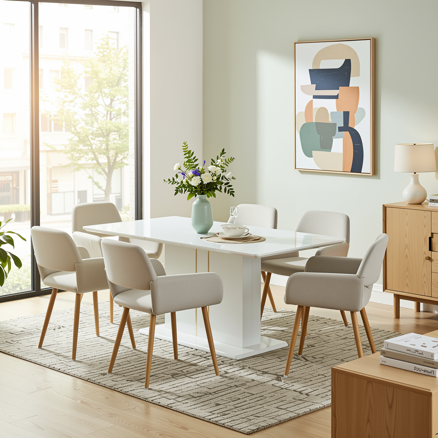 Quinby 7PC Dining Set Extendable Dining Table with 6 MAYFAIR Beige Chairs