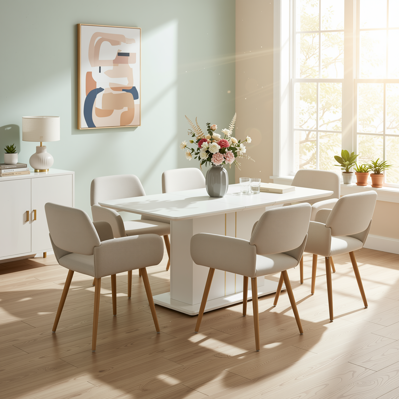 Quinby 7PC Dining Set Extendable Dining Table with 6 MAYFAIR Beige Chairs