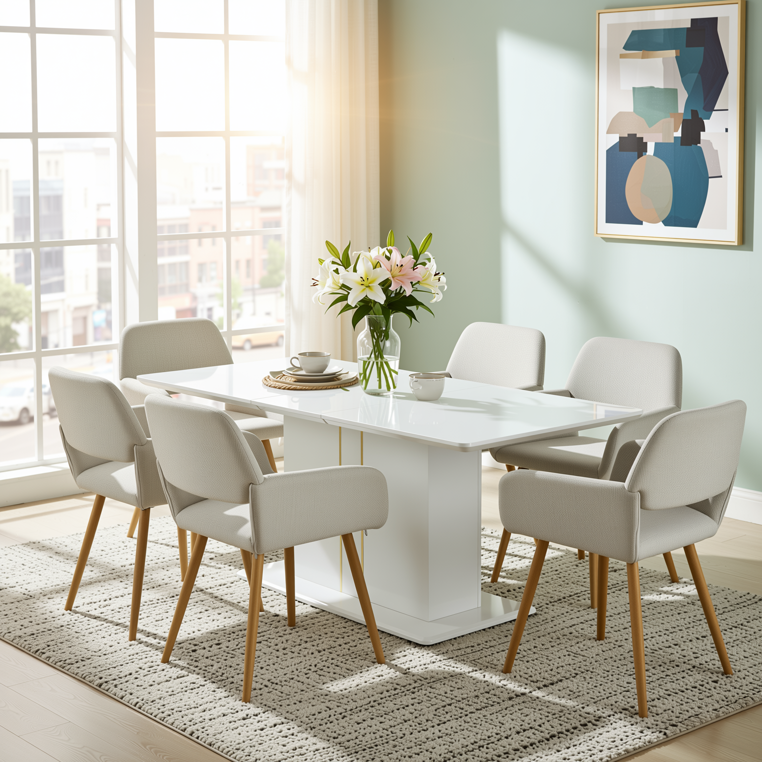 Quinby 7PC Dining Set Extendable Dining Table with 6 MAYFAIR Beige Chairs
