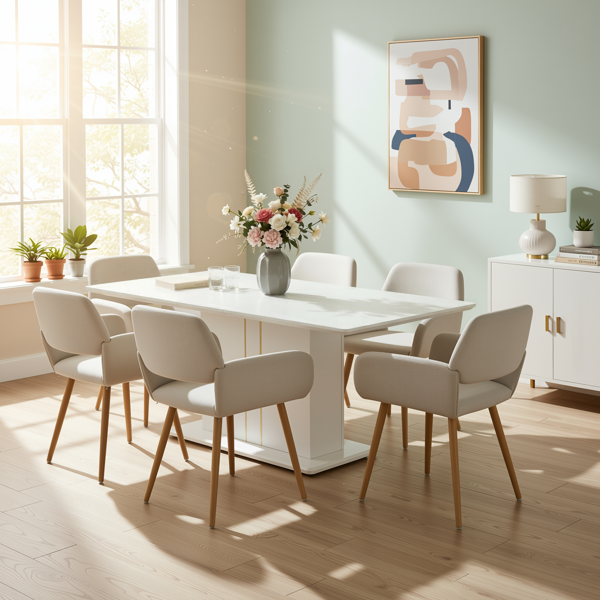 QUINBY 81“ High Gloss White Extendable Dining Table Pedestal Base