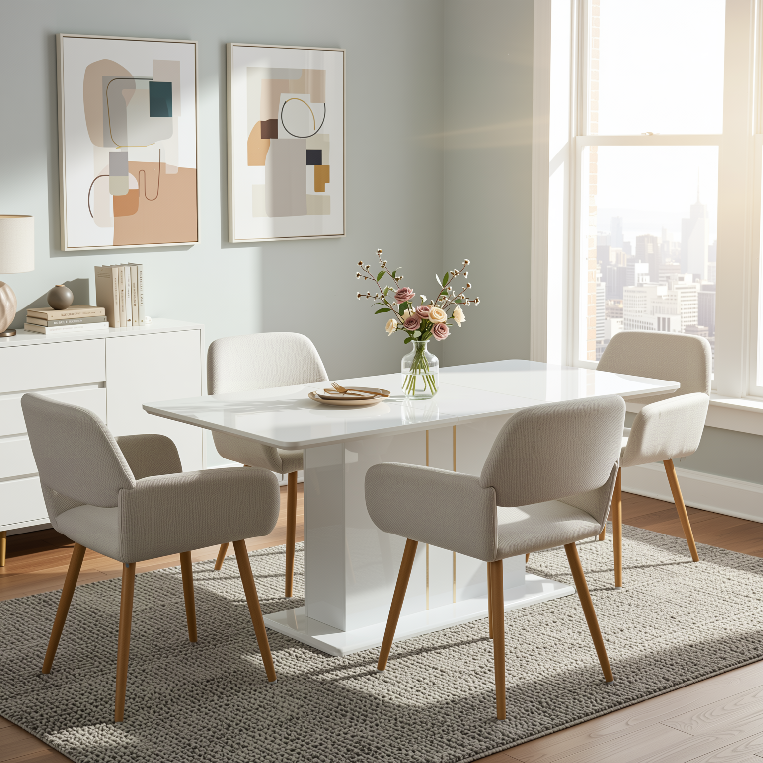 Quinby 5PC Dining Set Extendable Dining Table with 4 MAYFAIR Beige Chairs