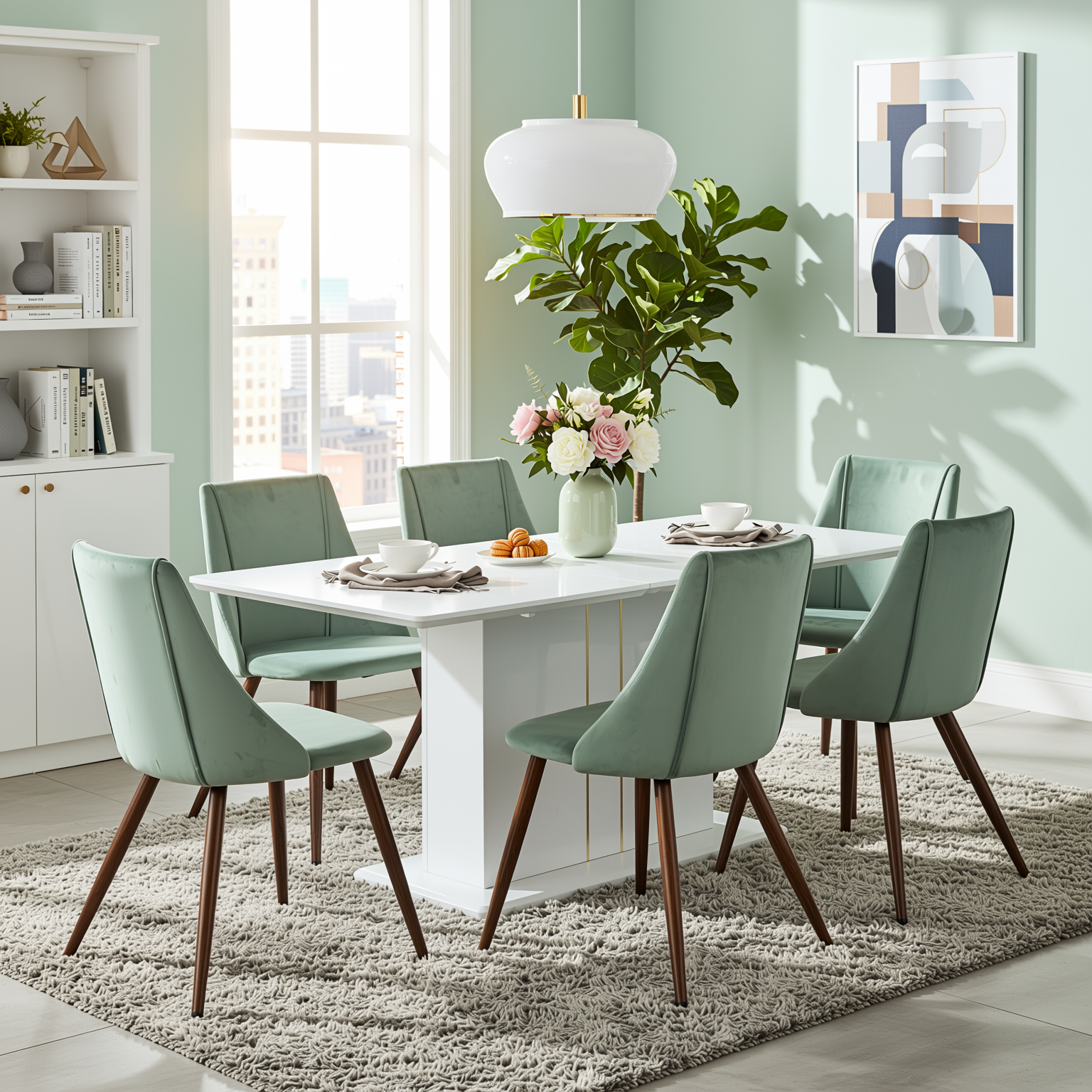 Homy Casa Quinby 7PC Dining Set 81” Extendable High Gloss Table with 6 Smeg Green Velvet Chairs Modern Pedestal Base