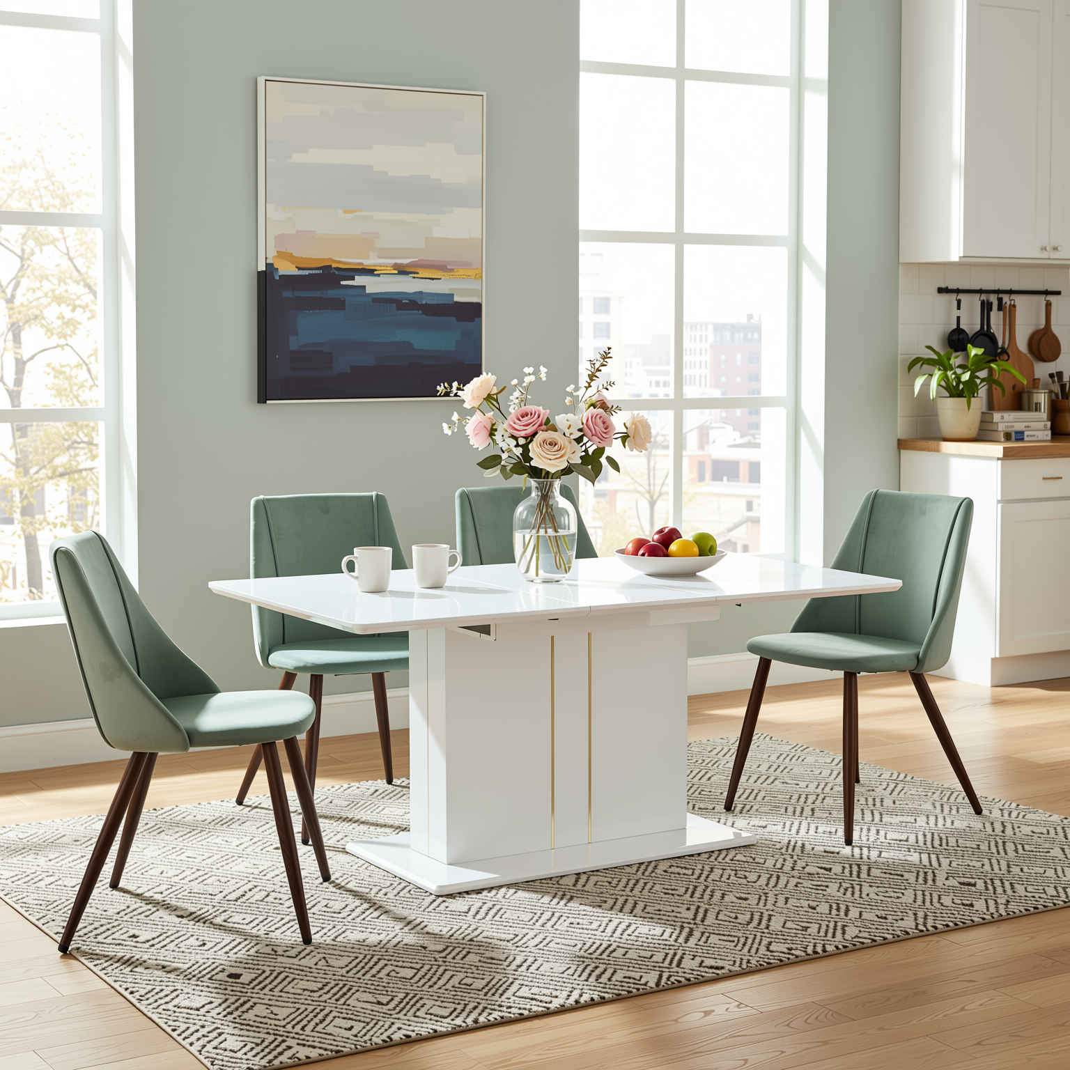 Quinby 5PC Dining Set Extendable Table with 4 SMEG Green Velvet Chairs