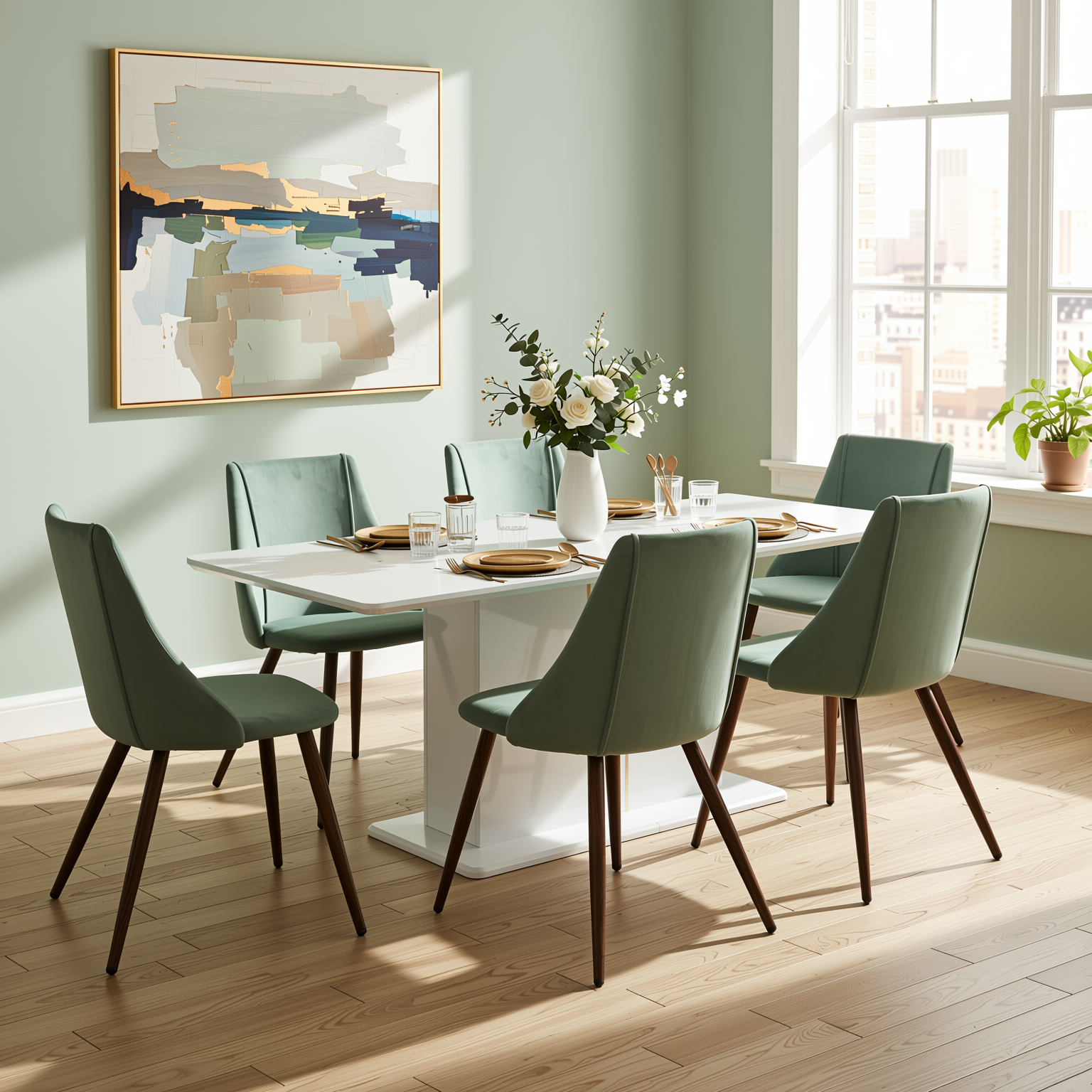 Homy Casa Quinby 7PC Dining Set 81” Extendable High Gloss Table with 6 Smeg Green Velvet Chairs Modern Pedestal Base