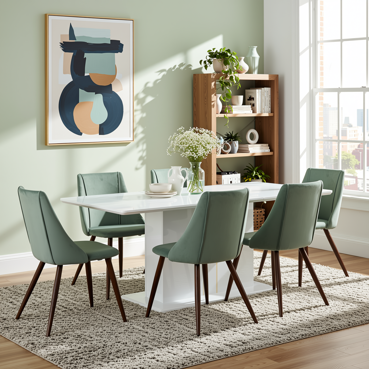 Quinby 7PC Dining Set Extendable Table with 6 SMEG Green Velvet Chairs