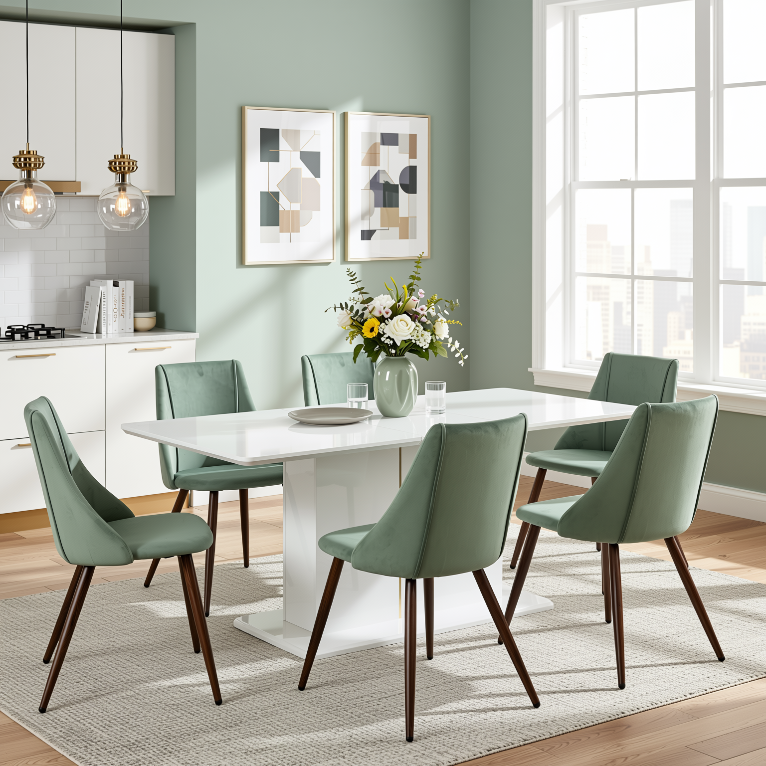 Quinby 7PC Dining Set Extendable Table with 6 SMEG Green Velvet Chairs